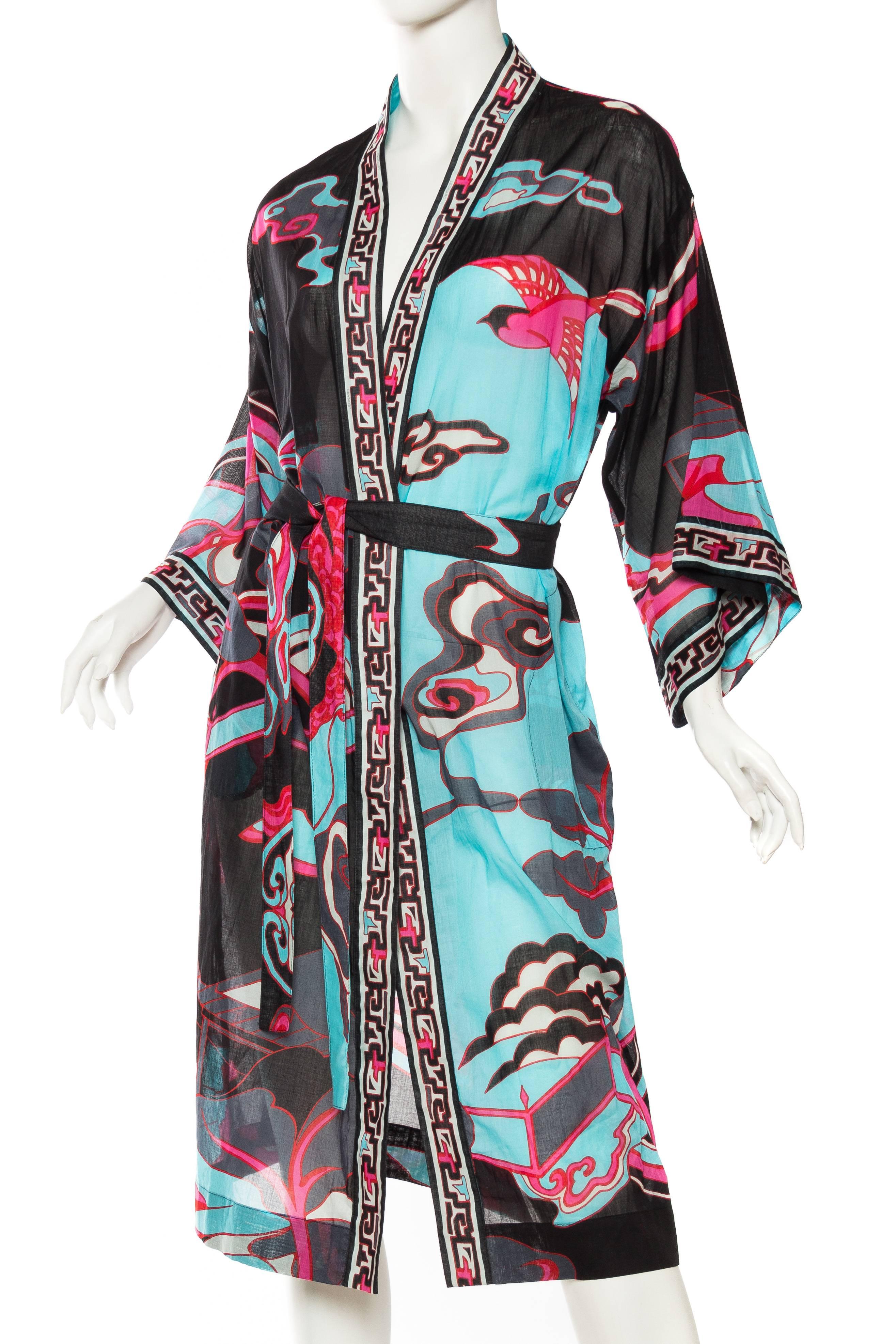1970s LEONARD Black & Pink Cotton Voile Stylized Asian Printed Kimono  2