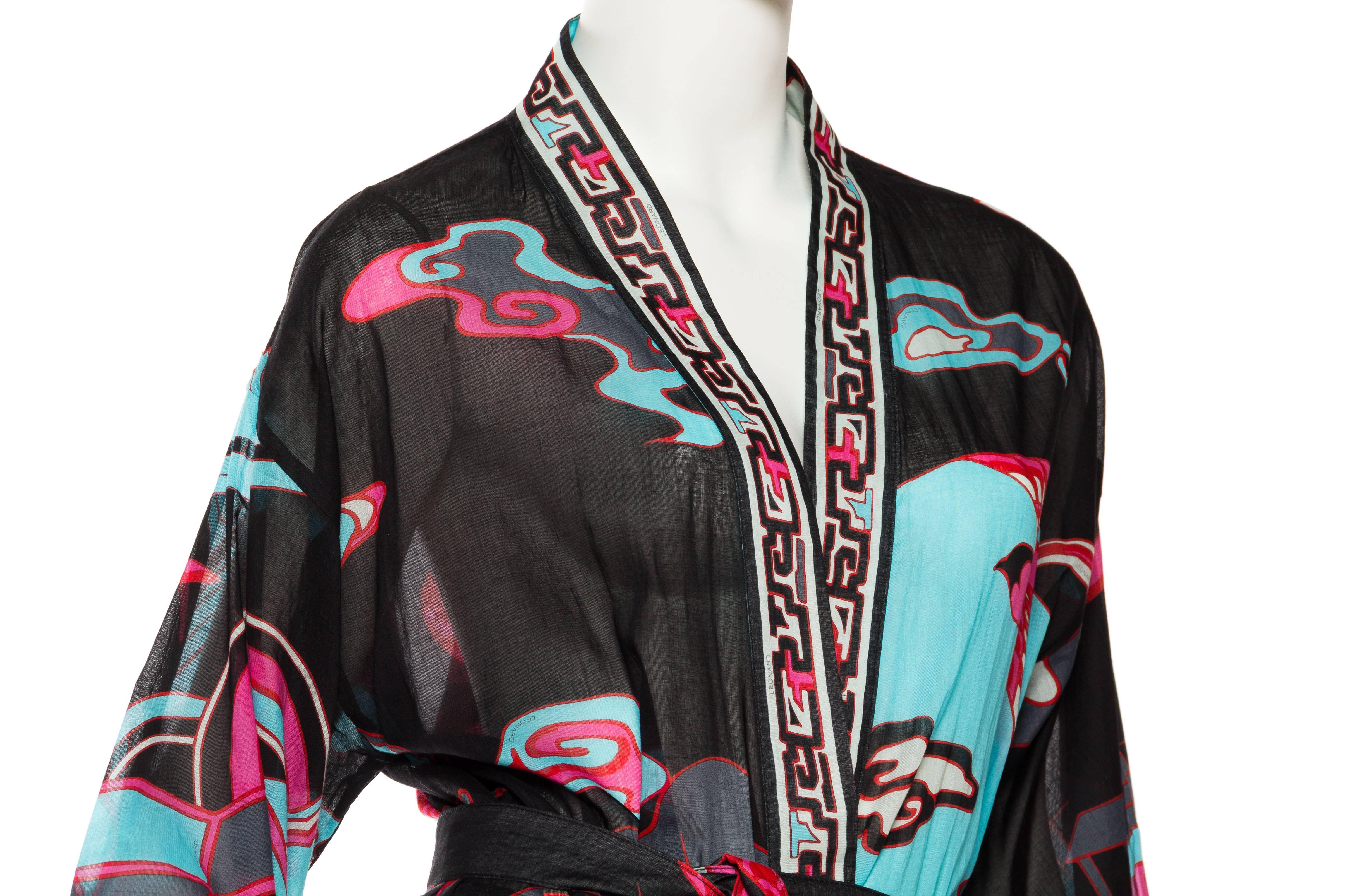 1970s LEONARD Black & Pink Cotton Voile Stylized Asian Printed Kimono  4
