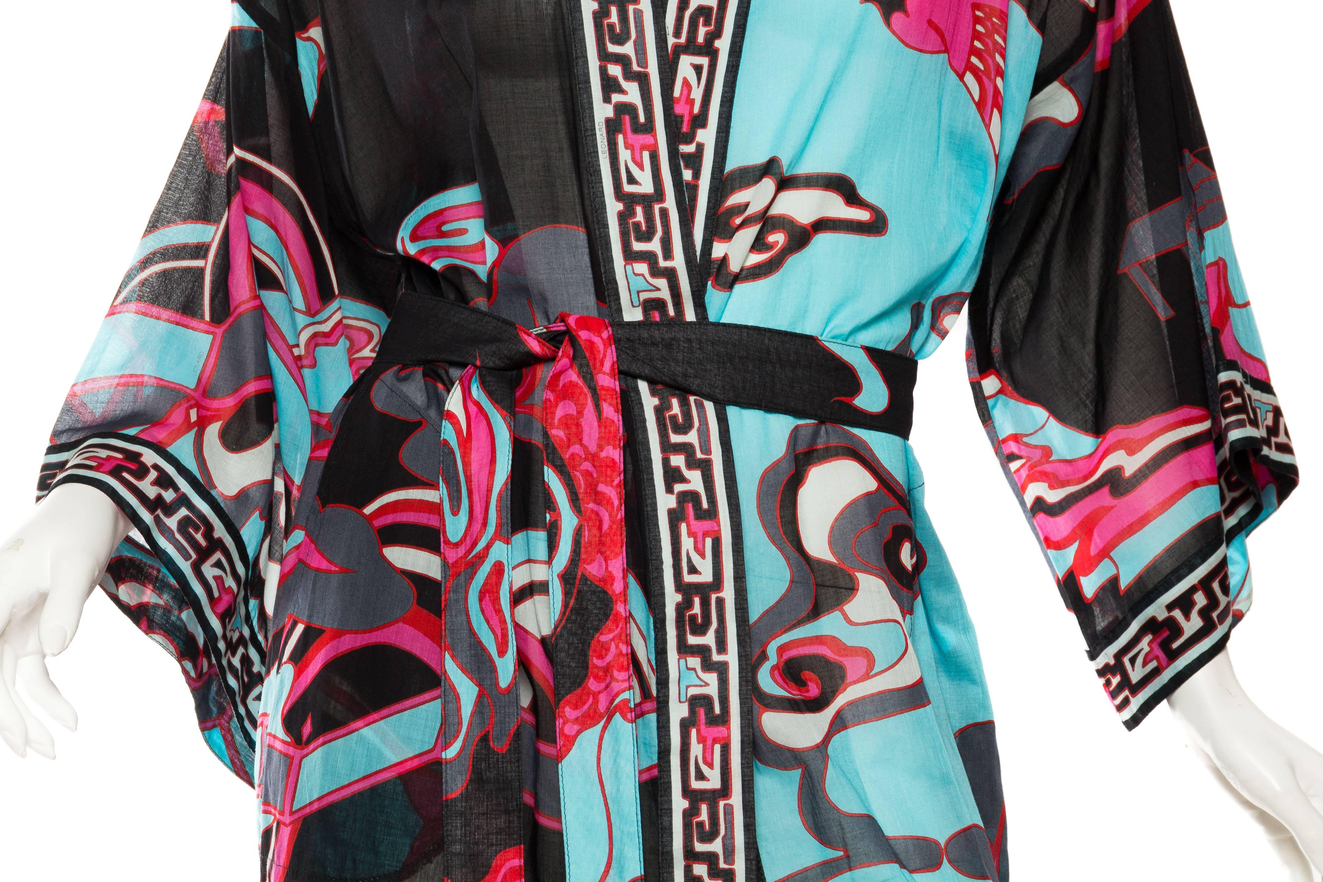 1970s LEONARD Black & Pink Cotton Voile Stylized Asian Printed Kimono  5