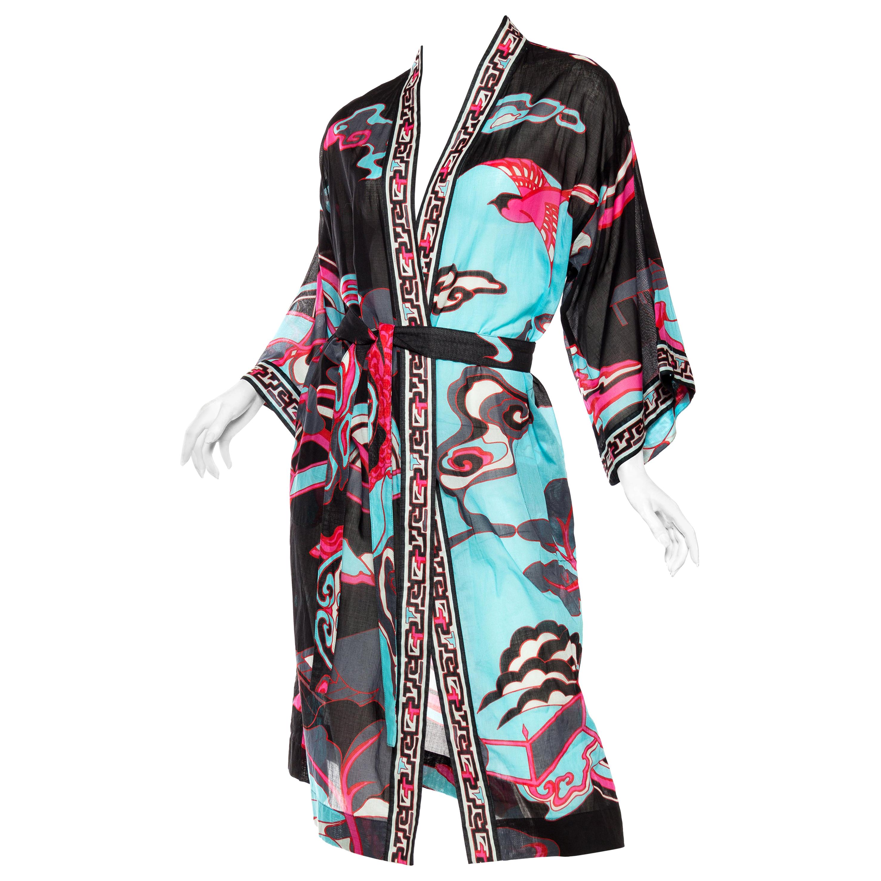 1970s LEONARD Black & Pink Cotton Voile Stylized Asian Printed Kimono 