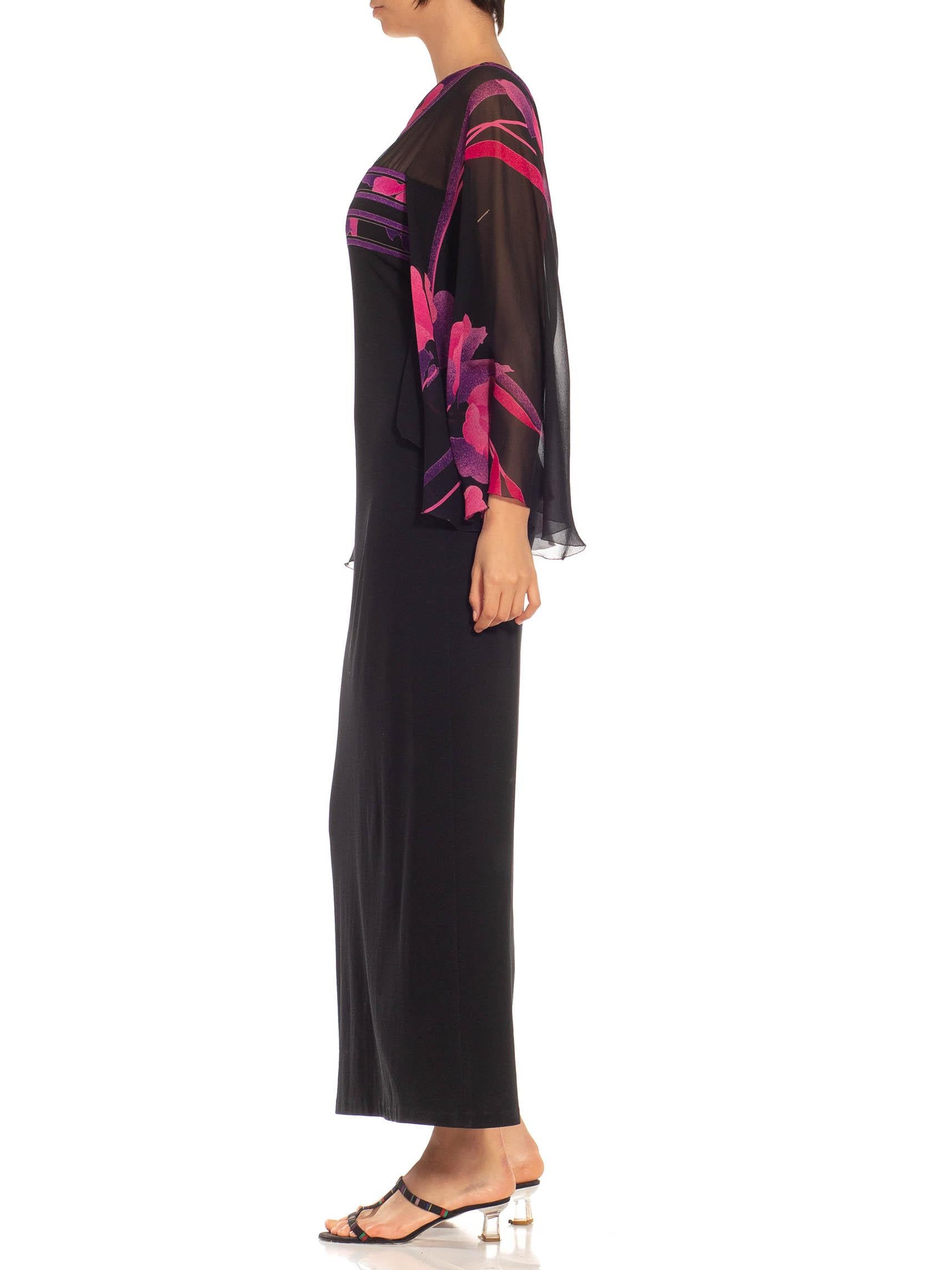 Women's 1970S LEONARD Black, Pink & Purple Silk Jersey Gown With Chiffon Flutter Sleeves For Sale