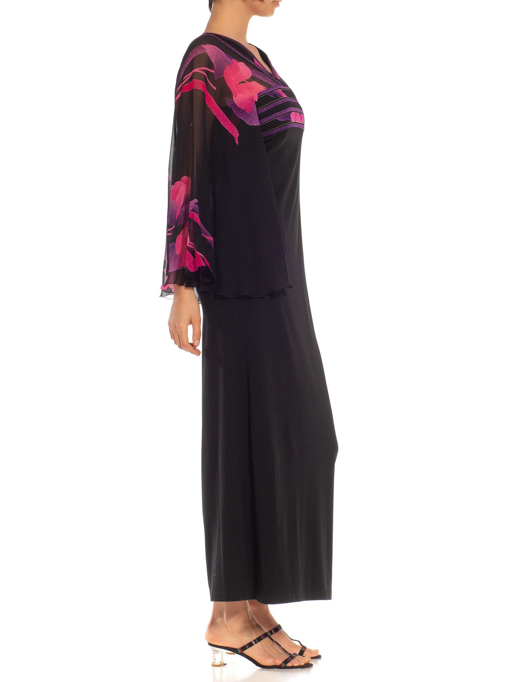 1970S LEONARD Black, Pink & Purple Silk Jersey Gown With Chiffon Flutter Sleeves For Sale 1