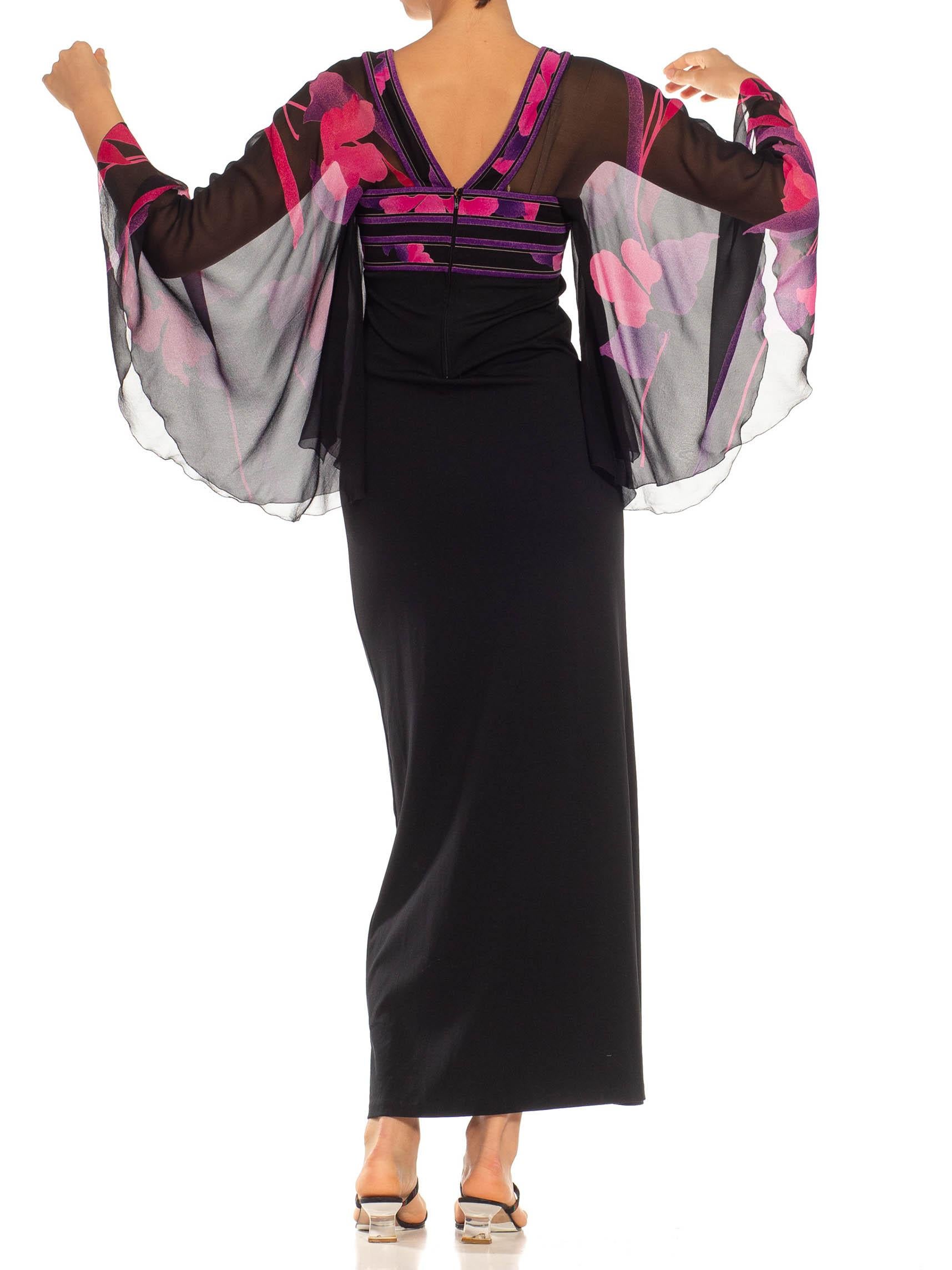 1970S LEONARD Black, Pink & Purple Silk Jersey Gown With Chiffon Flutter Sleeves For Sale 2