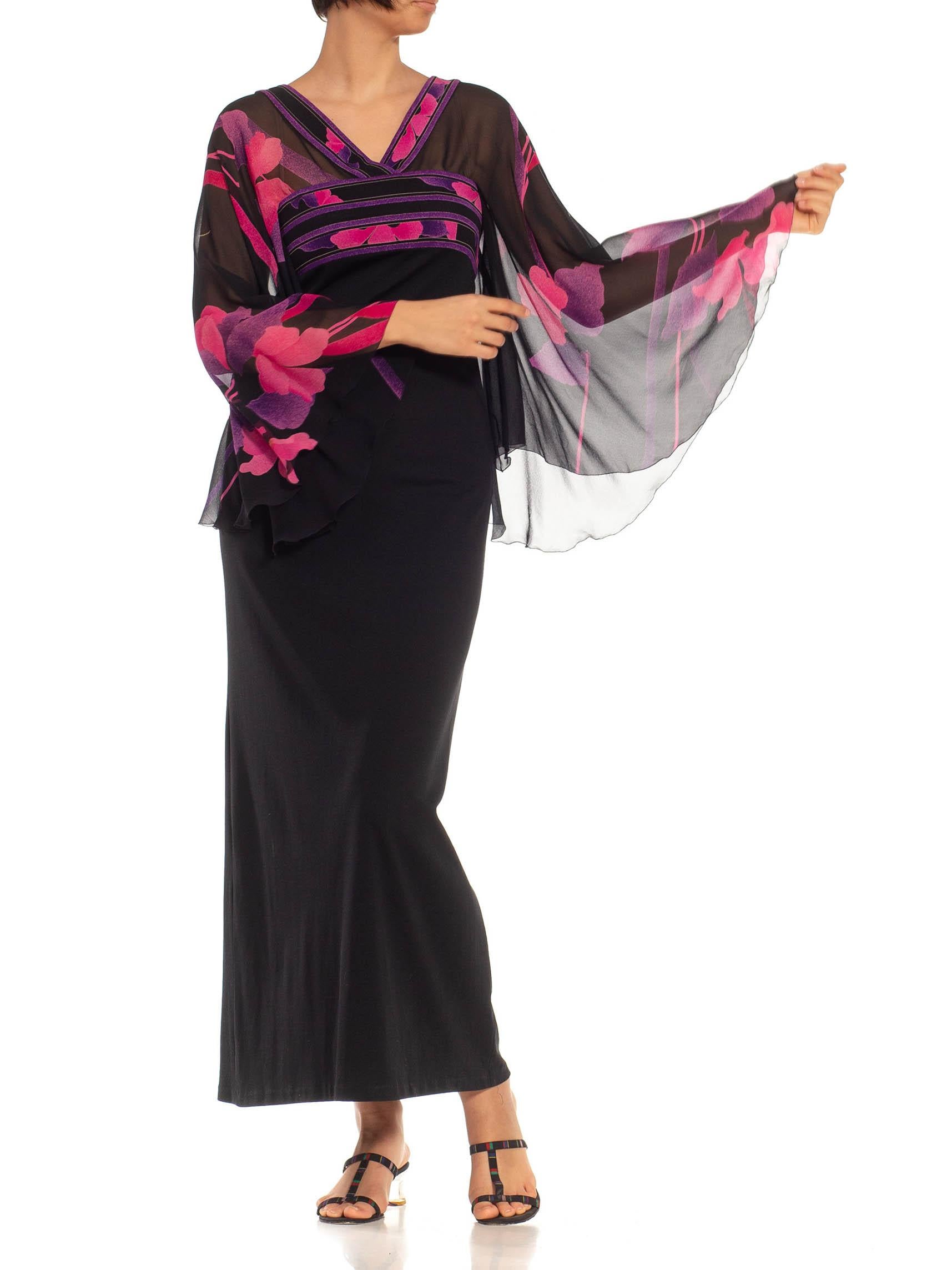 1970S LEONARD Black, Pink & Purple Silk Jersey Gown With Chiffon Flutter Sleeves For Sale 3