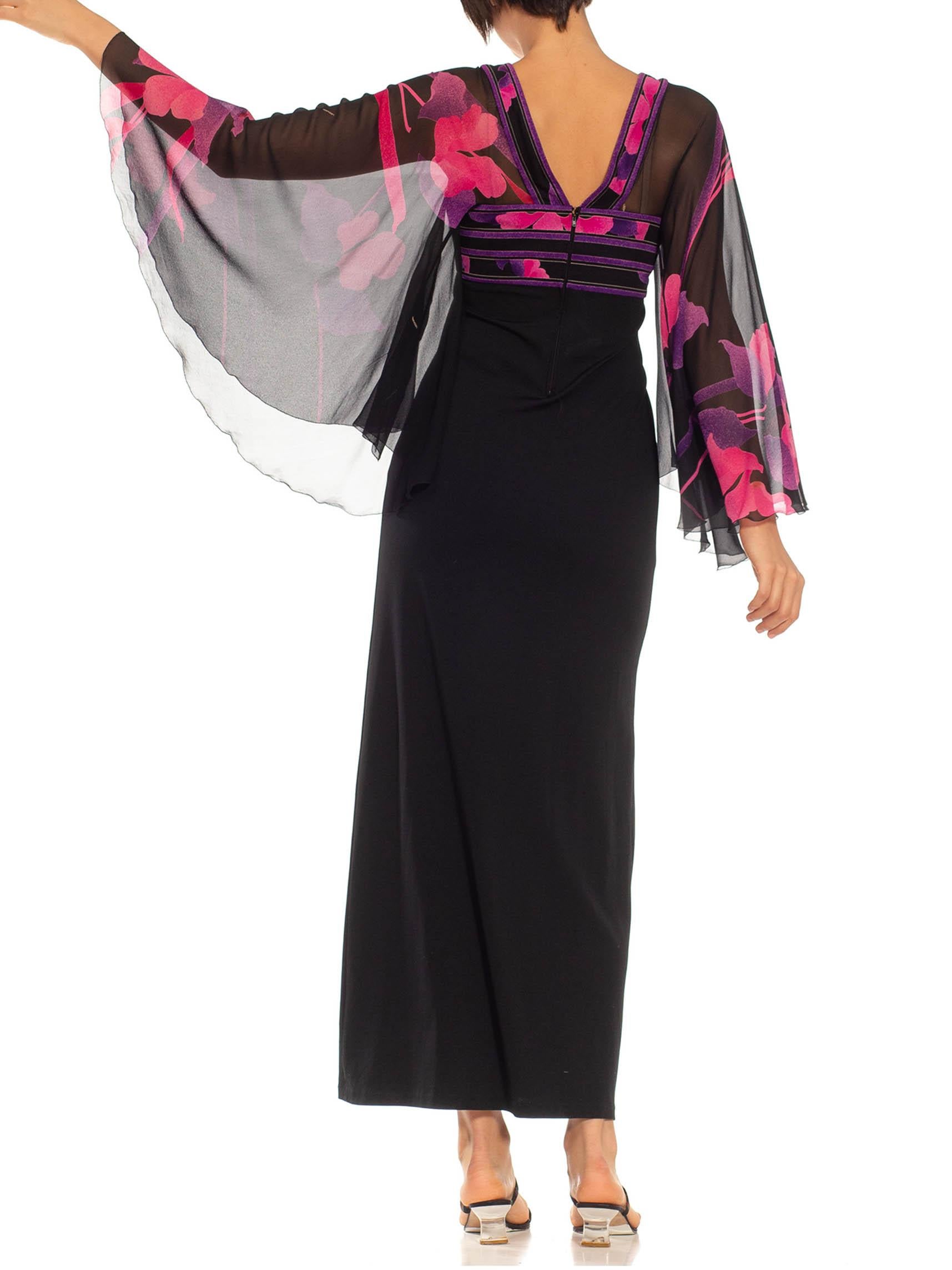 1970S LEONARD Black, Pink & Purple Silk Jersey Gown With Chiffon Flutter Sleeves For Sale 4