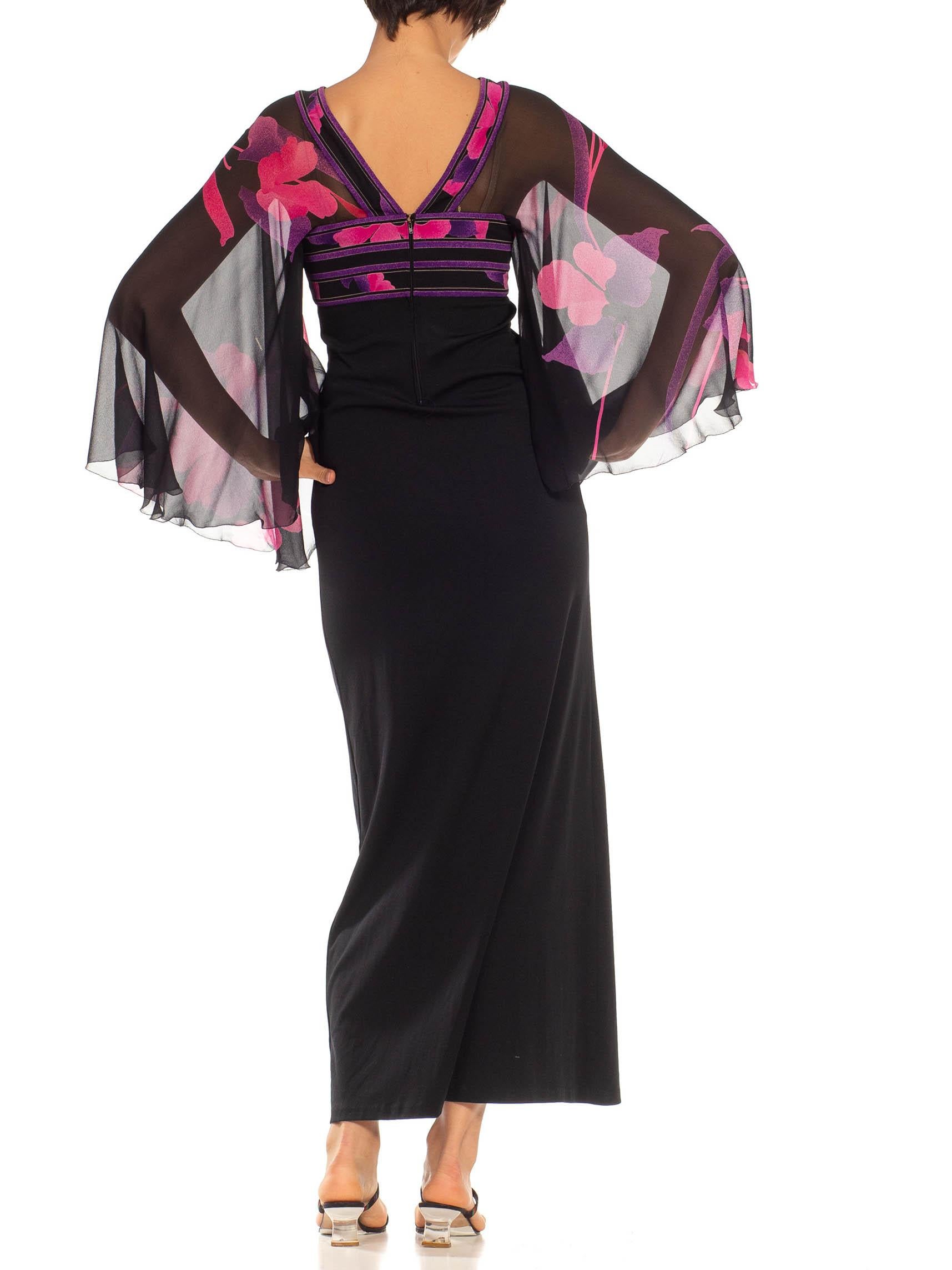 1970S LEONARD Black, Pink & Purple Silk Jersey Gown With Chiffon Flutter Sleeves For Sale 5