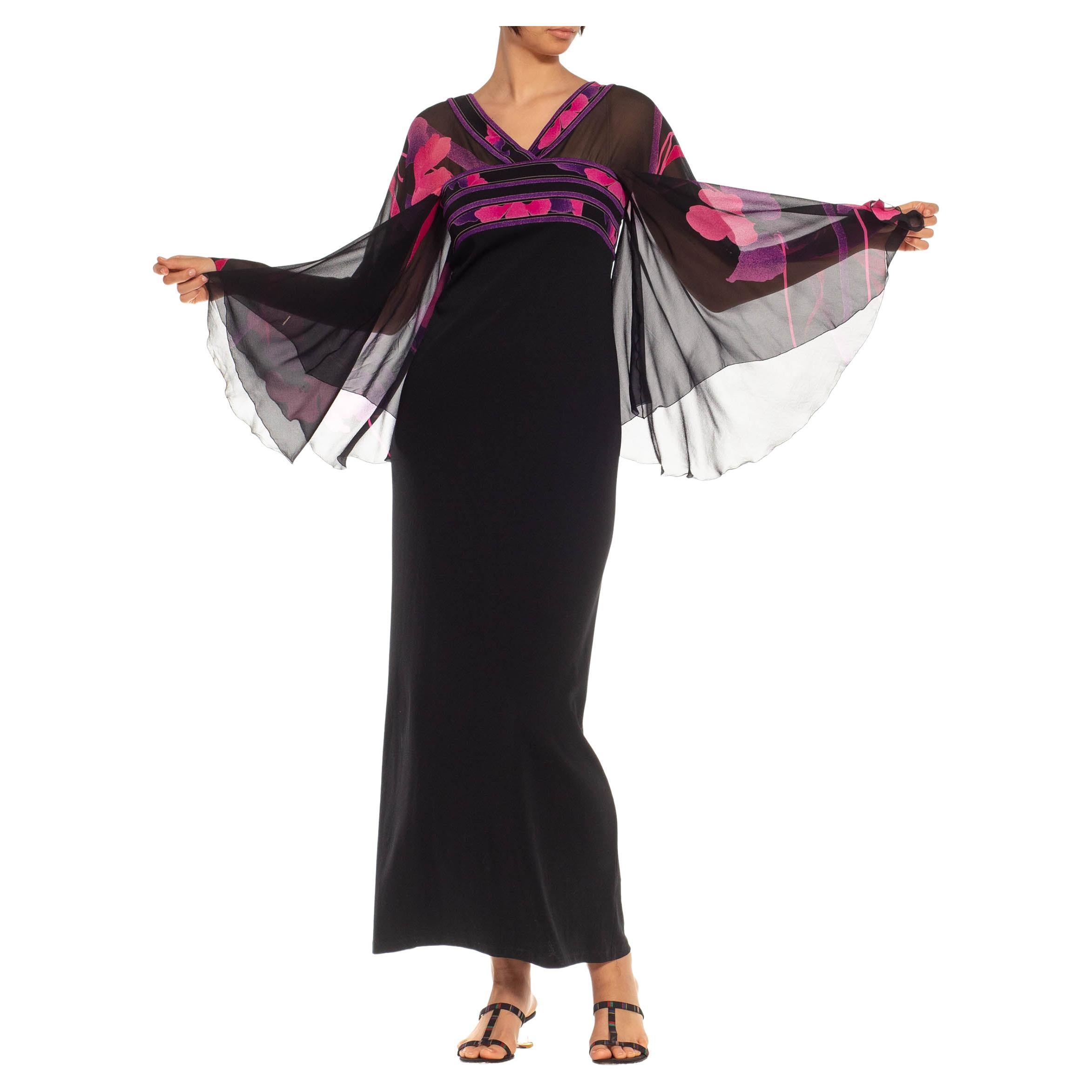1970S LEONARD Black, Pink & Purple Silk Jersey Gown With Chiffon Flutter Sleeves For Sale