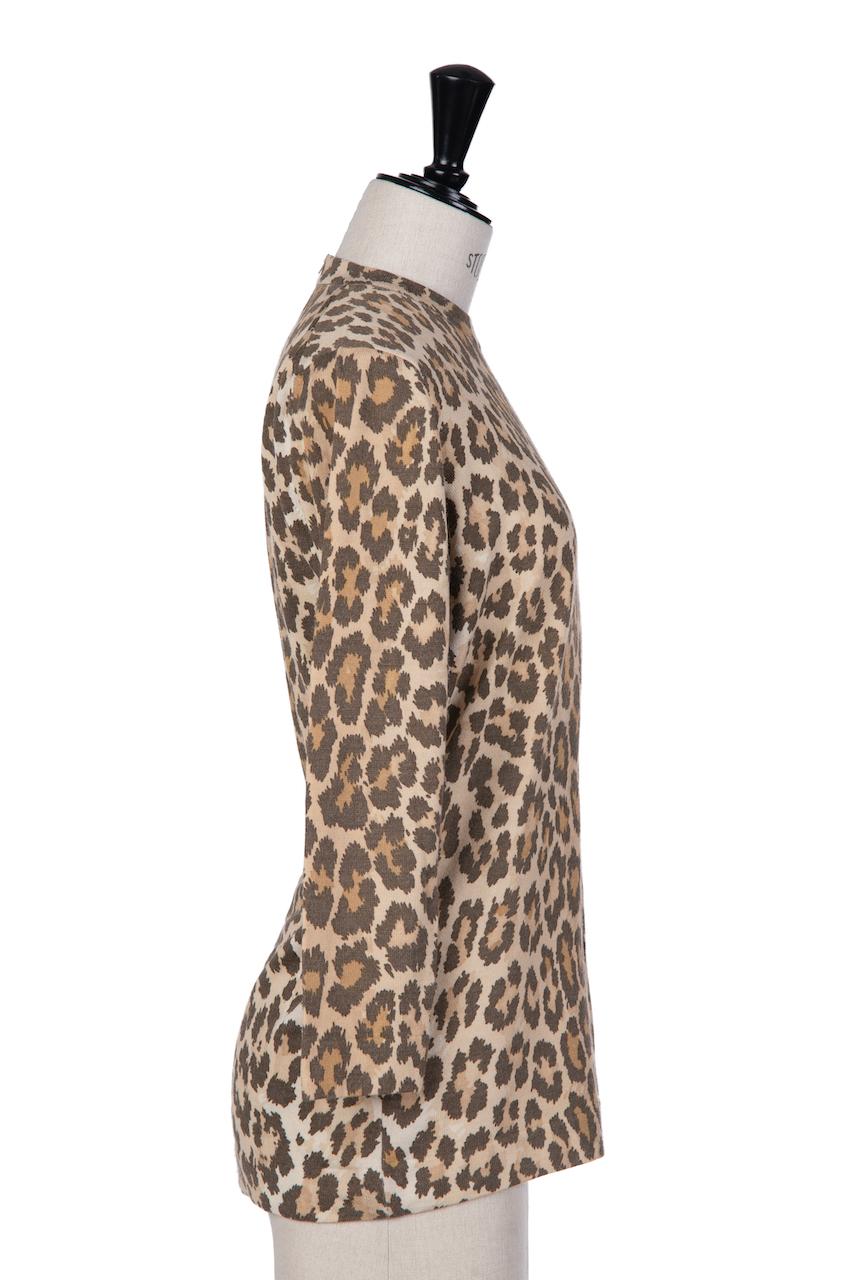 1970er LEONARD Fashion Paris Braunes Stricktop aus Wollmischung mit Tier-Leopardendruck im Zustand „Hervorragend“ im Angebot in Munich, DE