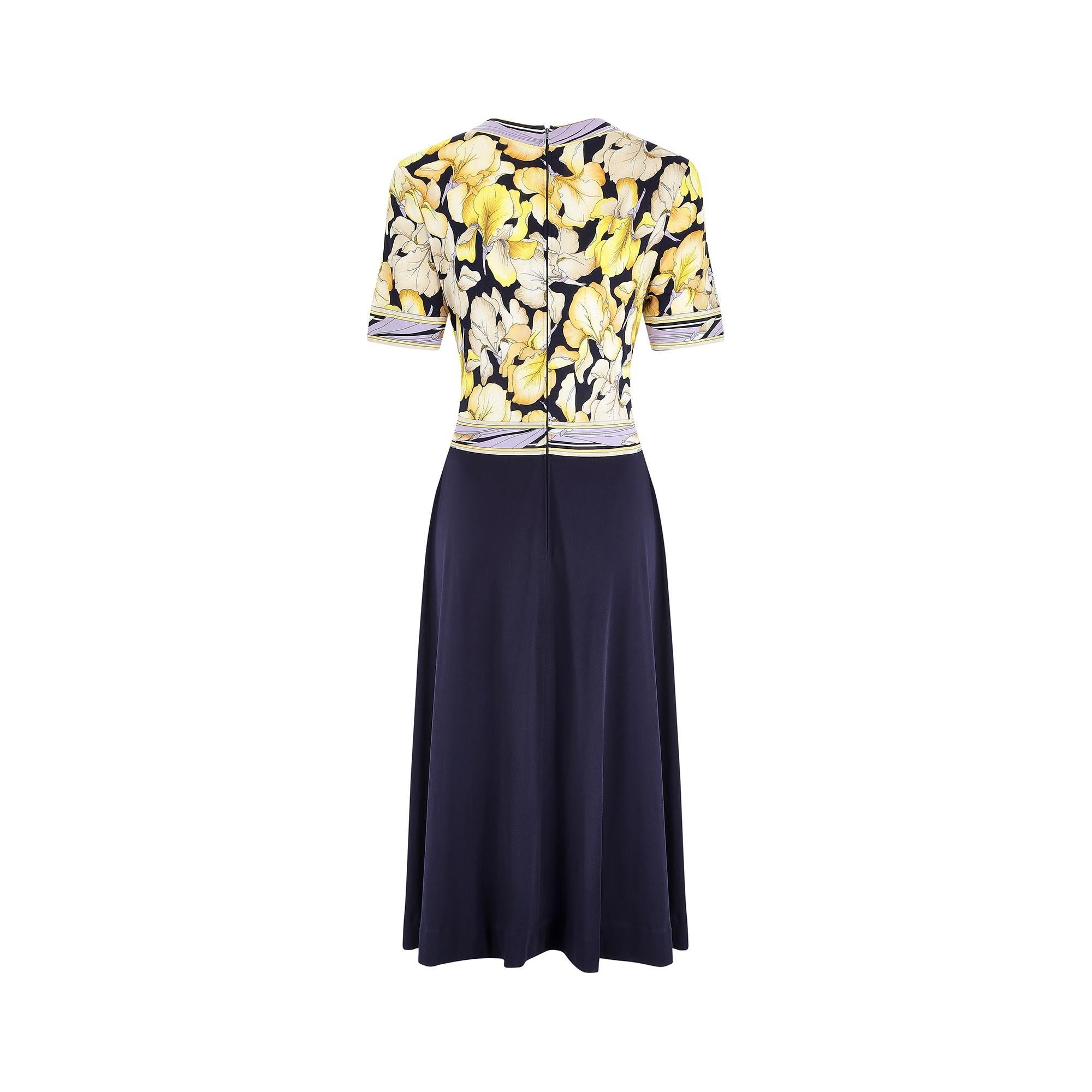 1970s Leonard Floral and Navy Silk Jersey Dress In Excellent Condition For Sale In London, GB