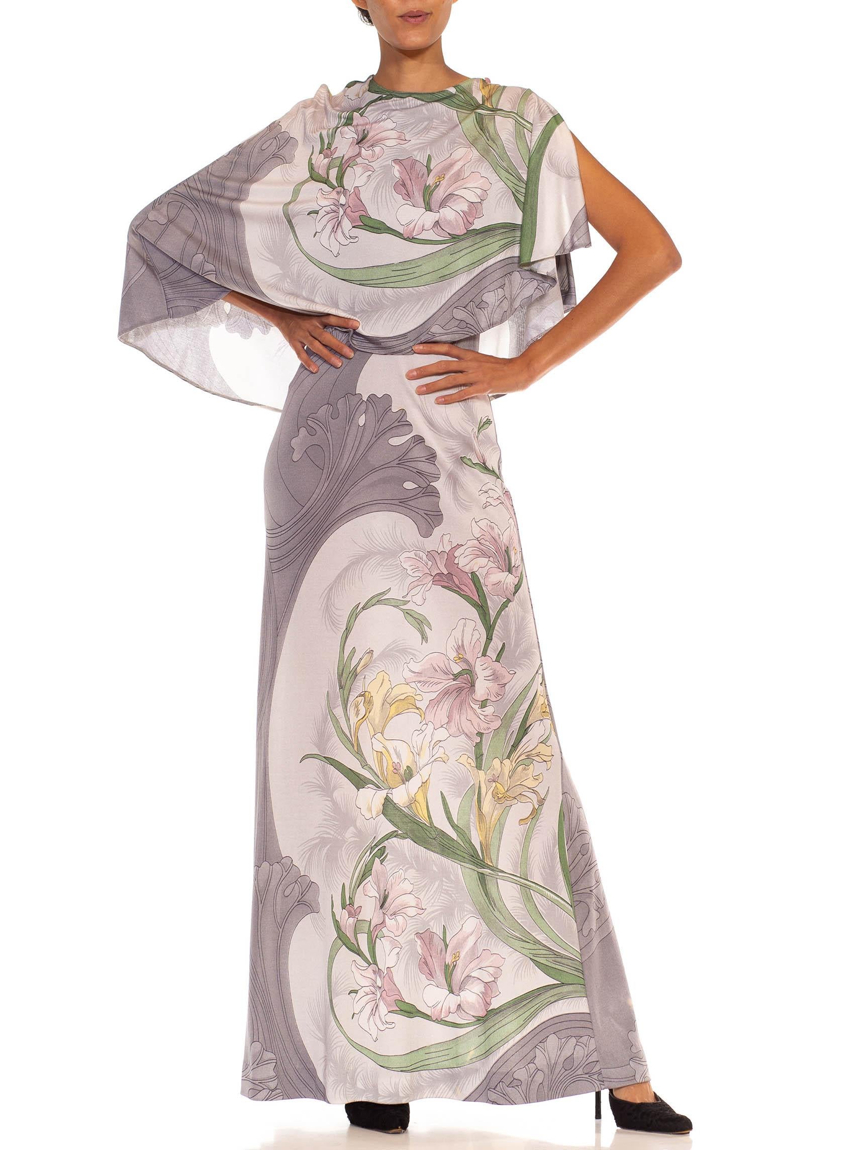 1970S LEONARD Grey Polyester Jersey Art Nouveau Daffodil Printed Gown With Attached Asymmetrical Cape