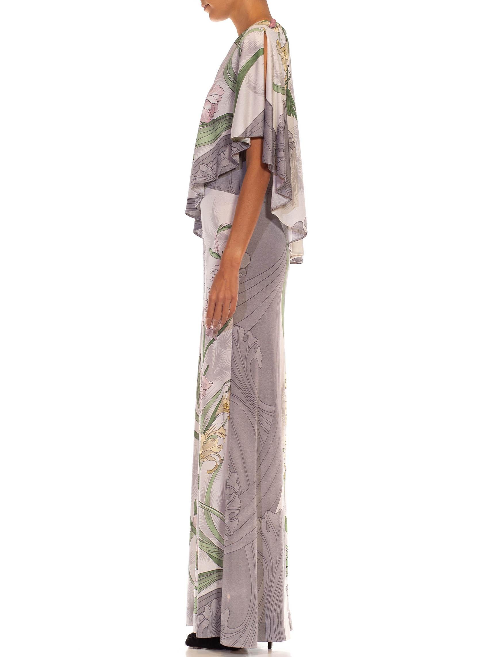 1970S LEONARD Gris Poliéster Jersey Art Nouveau Vestido Estampado Narciso Con Atta Marrón en venta