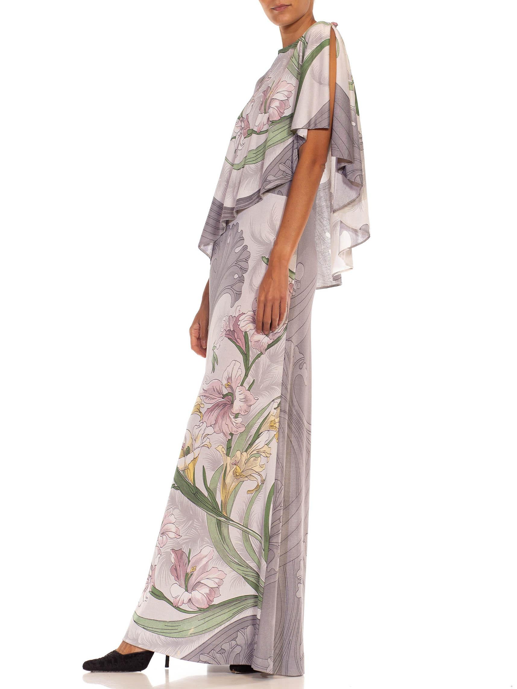 Brown 1970S LEONARD Grey Polyester Jersey Art Nouveau Daffodil Printed Gown With Atta For Sale