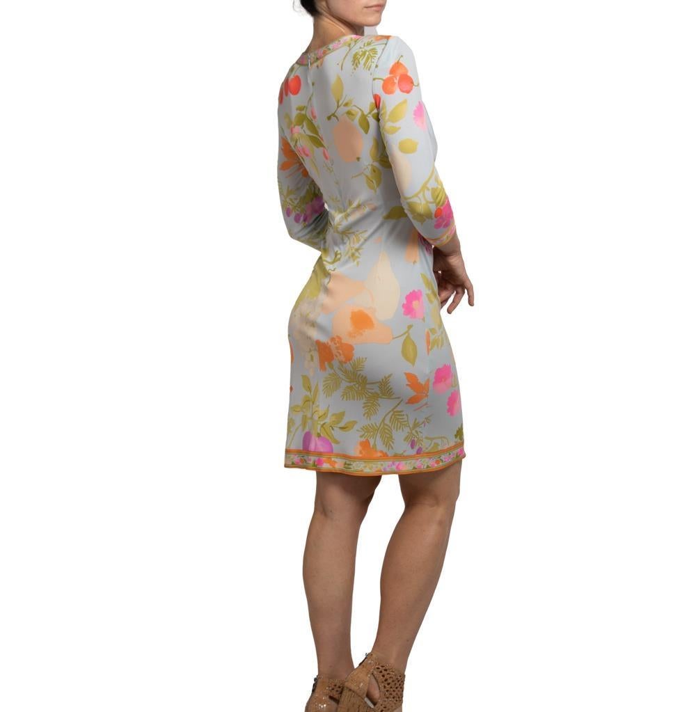1970S LEONARD Light Blue Silk Jersey Dress With Fruit And Floral Pattern For Sale 5