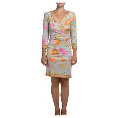 Hellblaues Seidenjersey-Kleid mit Obst- und Blumenmuster von LEONARD, 1970er Jahre