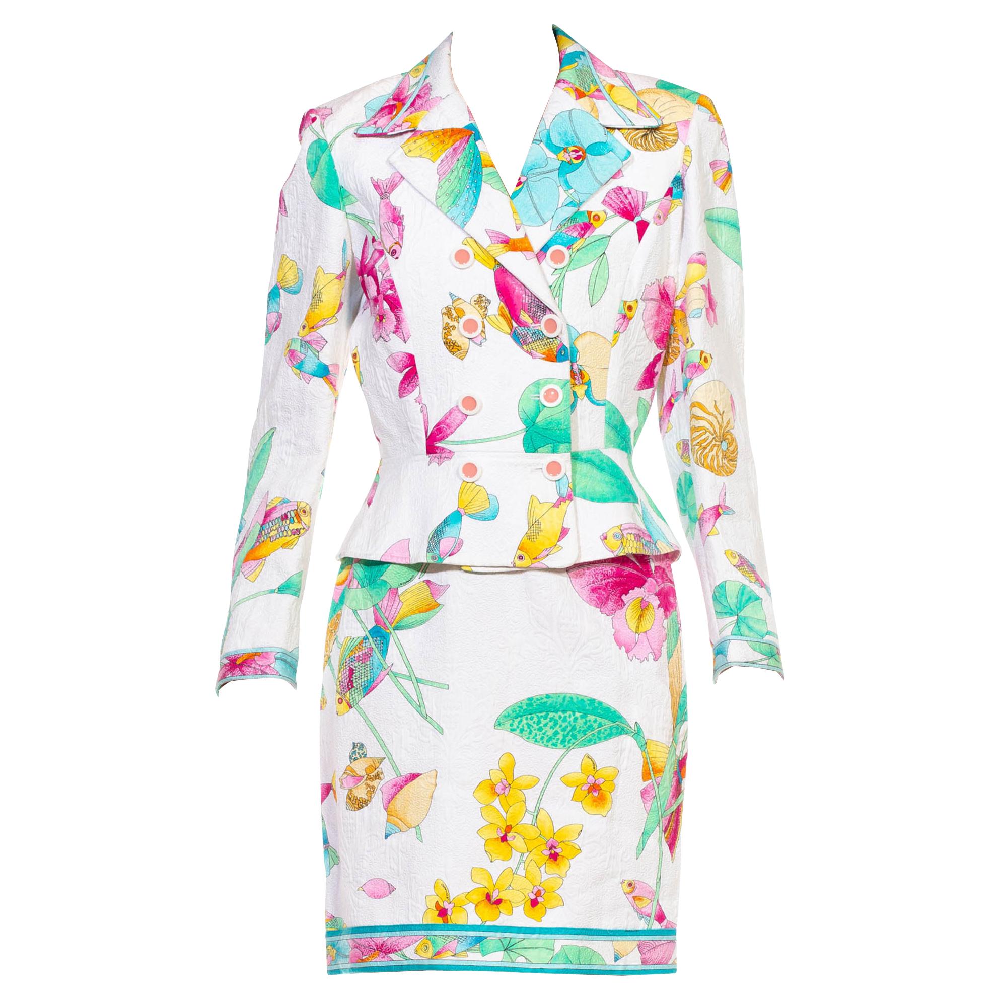 1970S LEONARD Multi  & Pastels Silk Skirt Suit