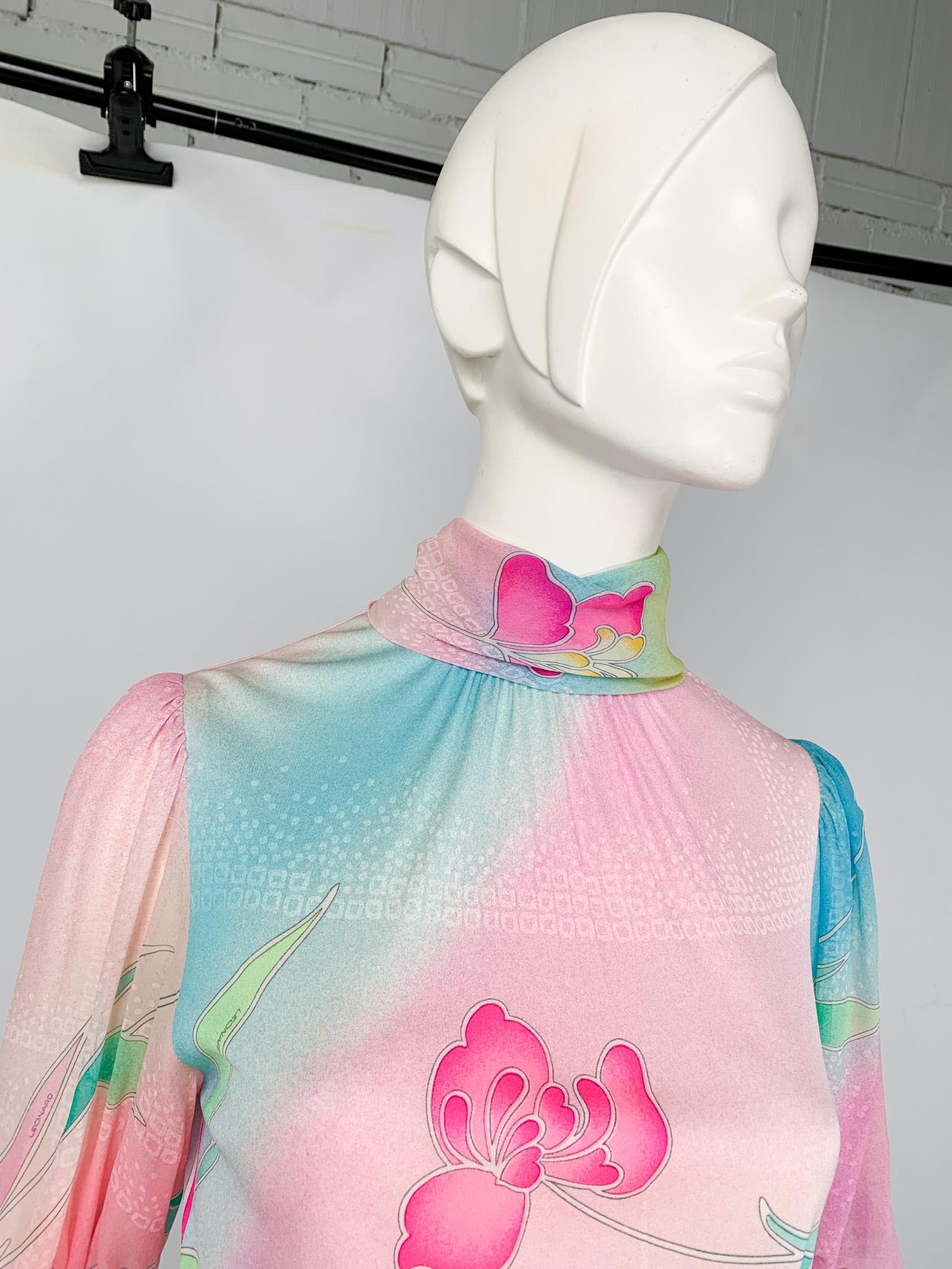 1970s Leonard Paris silk jersey pastel floral printed  belted midi dress 6