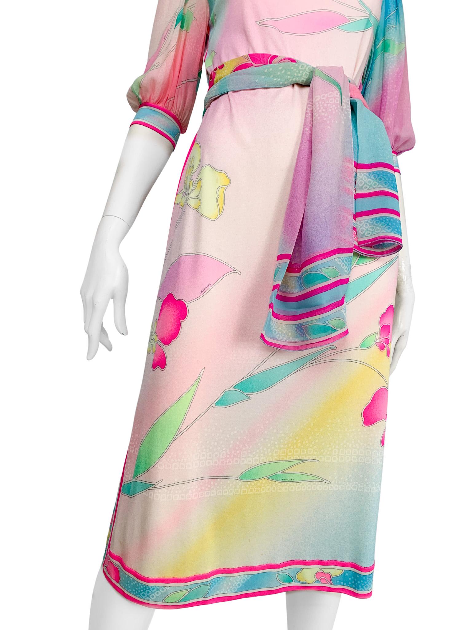 1970s Leonard Paris silk jersey pastel floral printed  belted midi dress 7