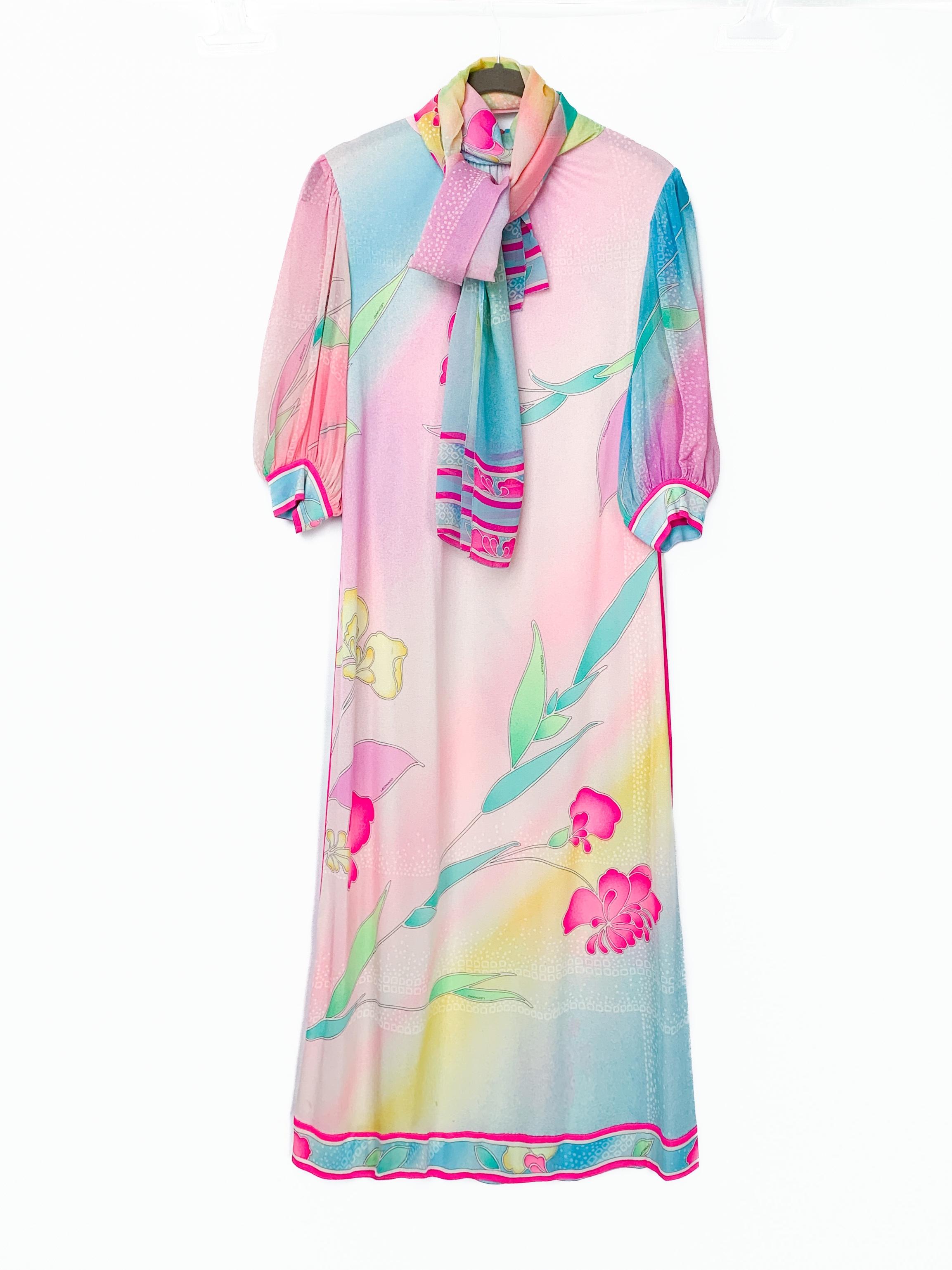 1970s Leonard Paris silk jersey pastel floral printed  belted midi dress 10