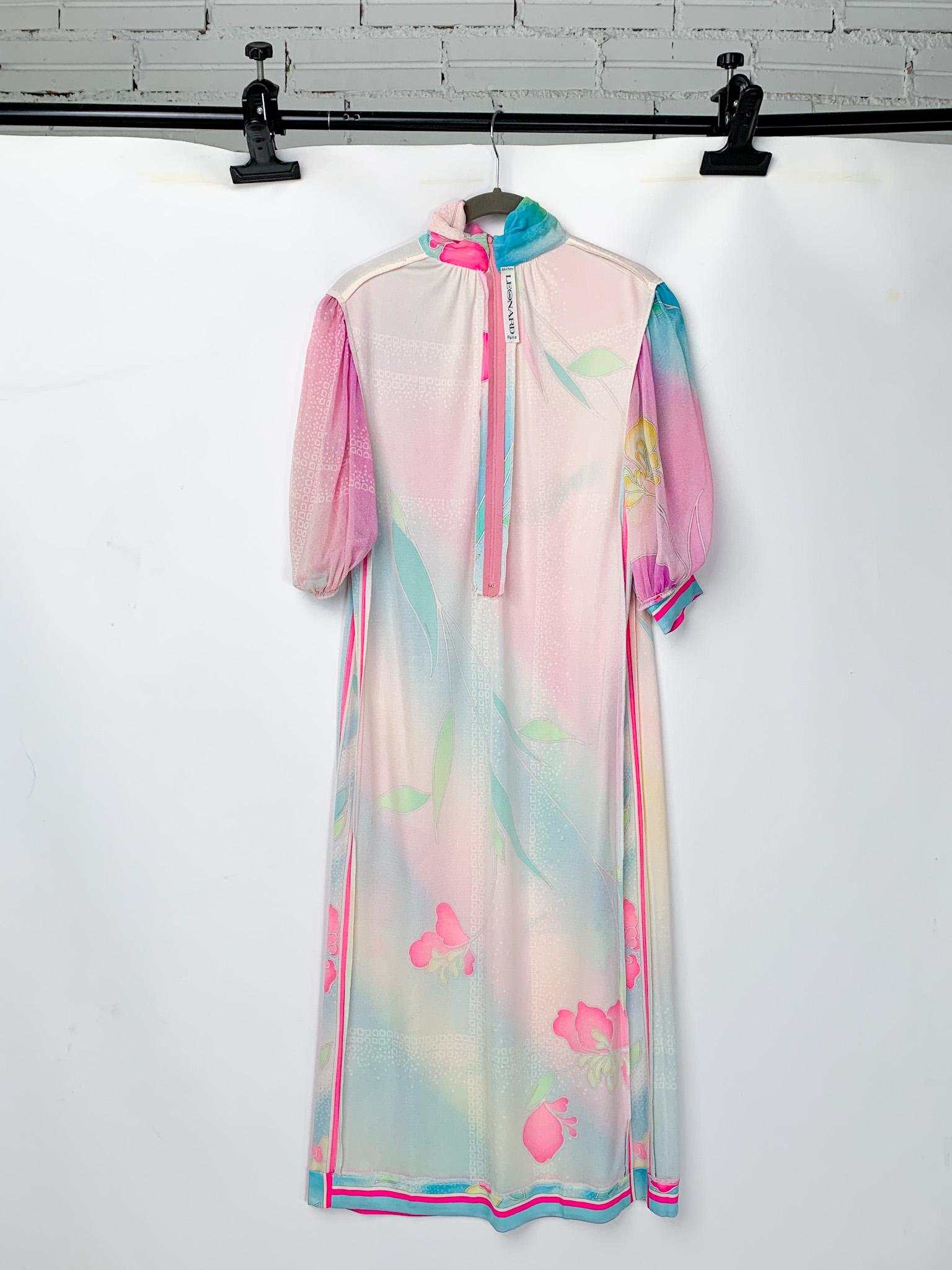 1970s Leonard Paris silk jersey pastel floral printed  belted midi dress 11