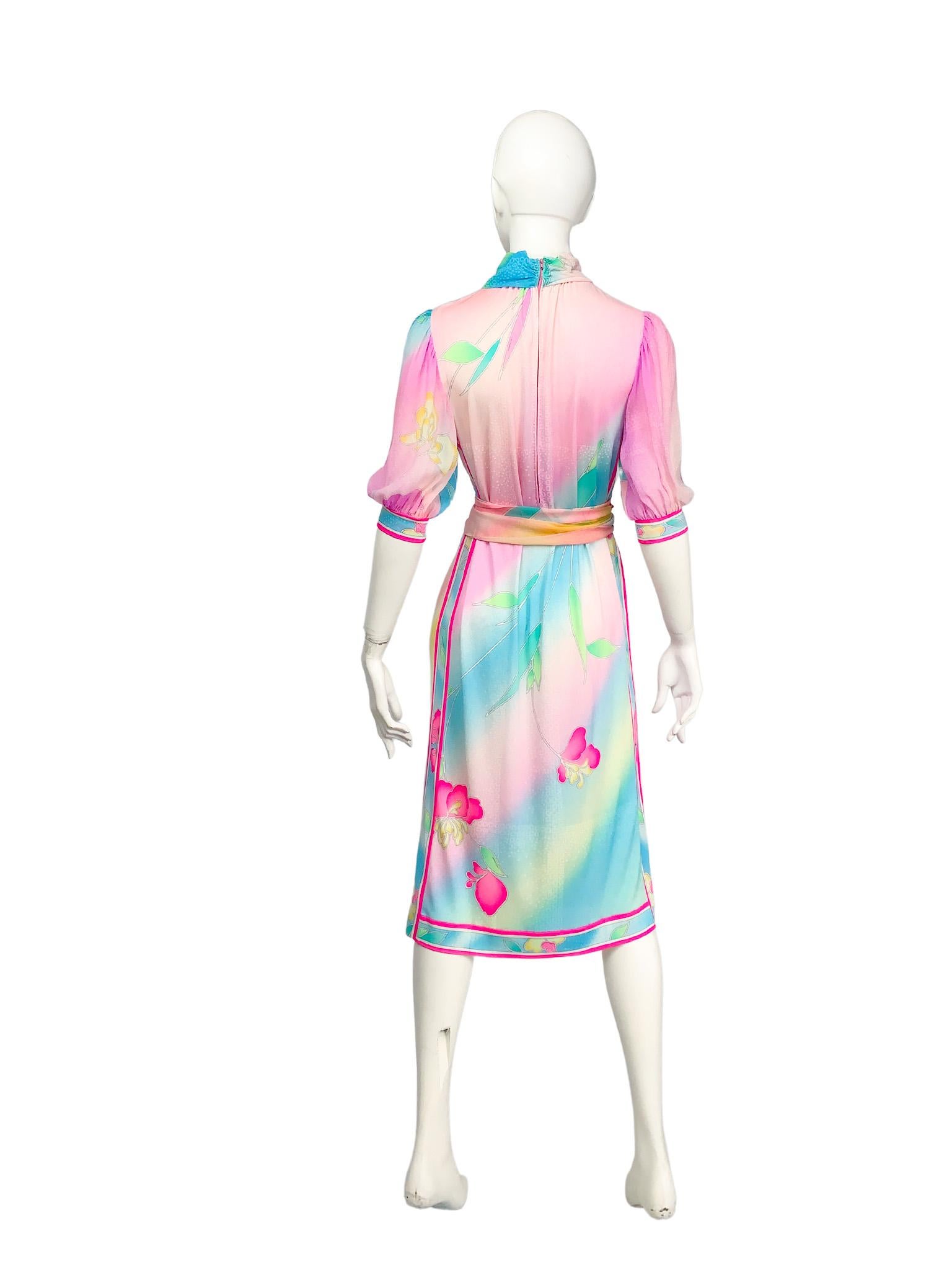Women's 1970s Leonard Paris silk jersey pastel floral printed  belted midi dress