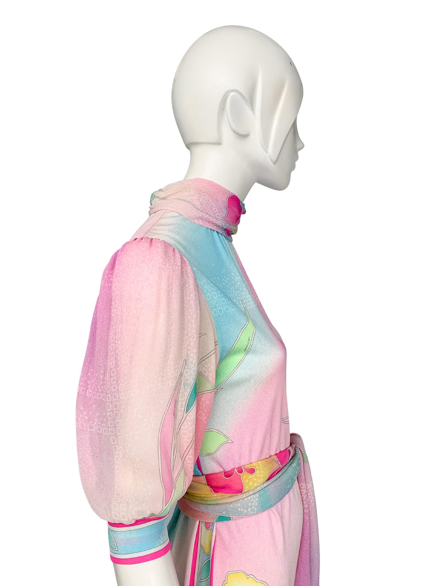 1970s Leonard Paris silk jersey pastel floral printed  belted midi dress 2