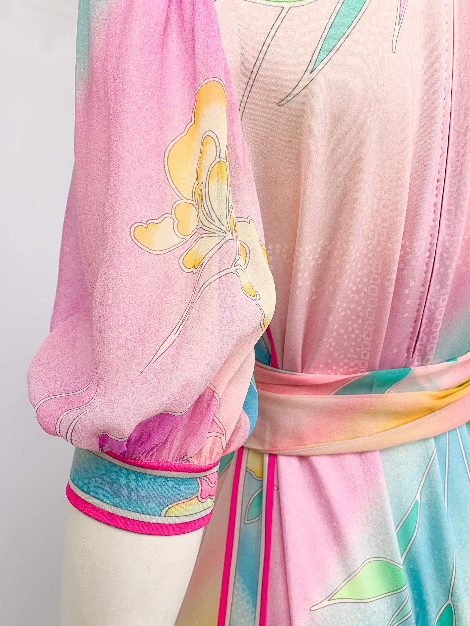 1970s Leonard Paris silk jersey pastel floral printed  belted midi dress 4