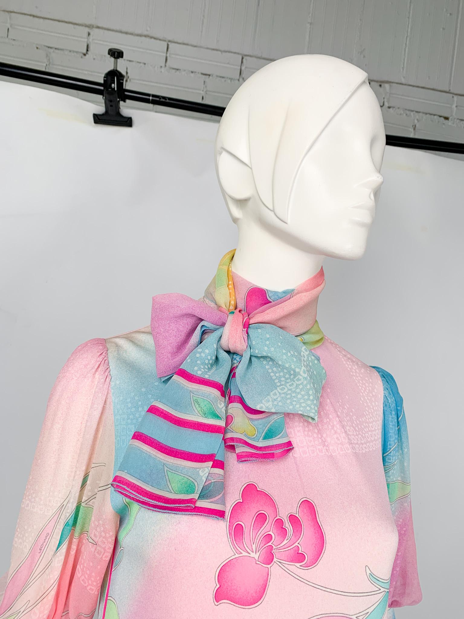 1970s Leonard Paris silk jersey pastel floral printed  belted midi dress 5