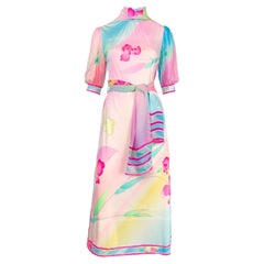 1970s Leonard Paris silk jersey pastel floral printed  belted midi dress