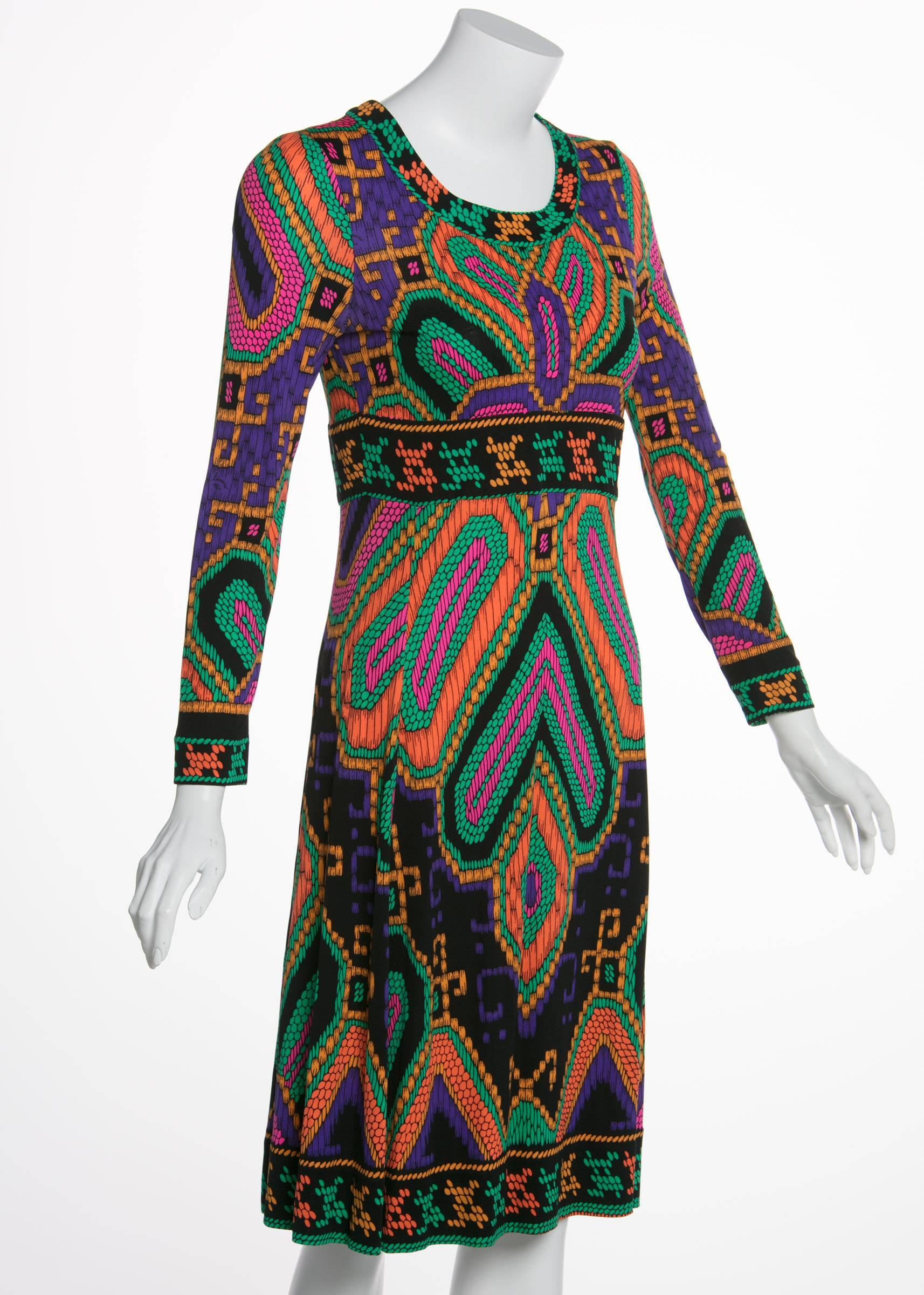 Black Leonard Paris Silk Jersey Print Dress Documented 1970s 