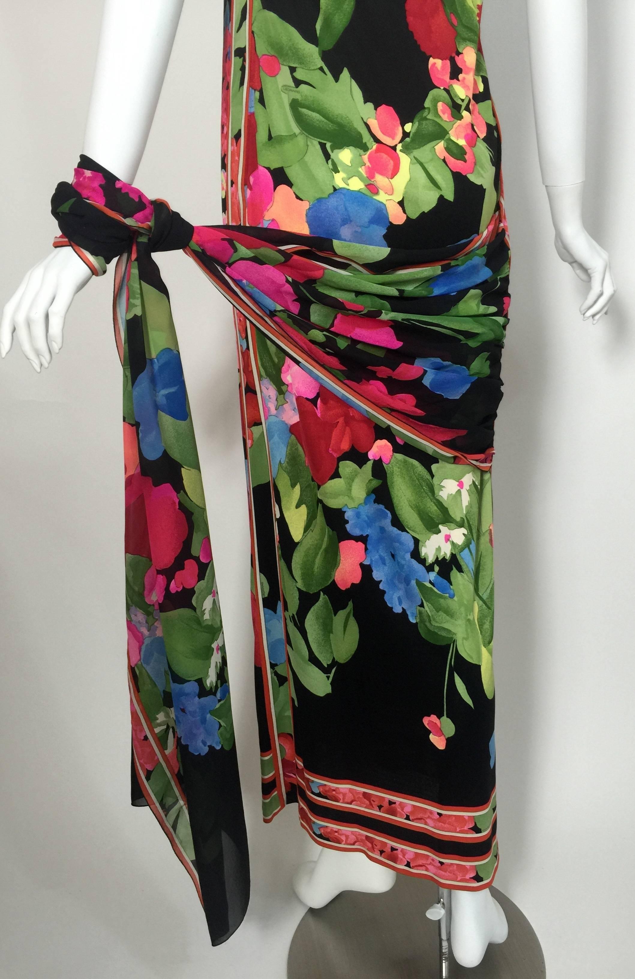 1970s Leonard Paris Strapless Floral Silk Jersey Tube Dress With Attached Shawl 1