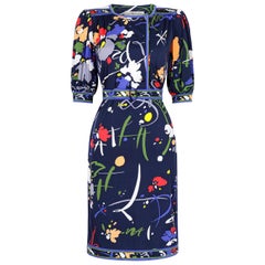 Retro 1970s Leonard Poly Jersey Abstract Print Floral Dress