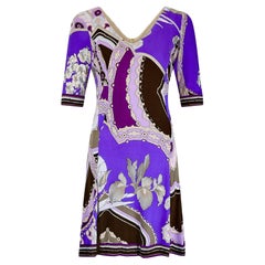 1970er Leonard Lila Bedrucktes Kleid aus Seidenjersey
