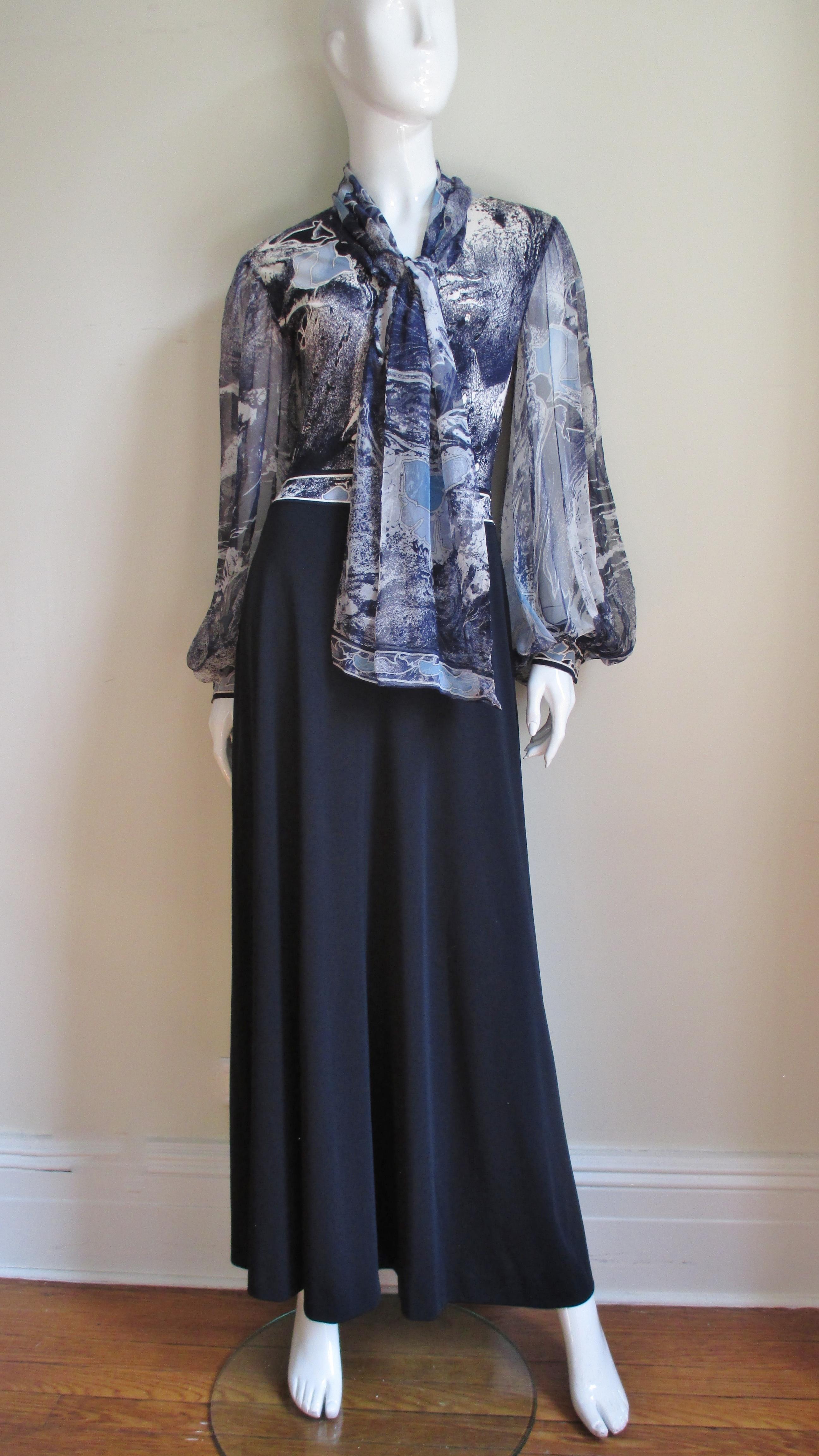 Leonard Silk Tie Neck Color Block Maxi Dress 1970s For Sale 1