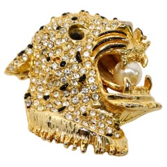 1970s Leopard Rhinestone Encrusted Gold-Tone Brooch With Pearl