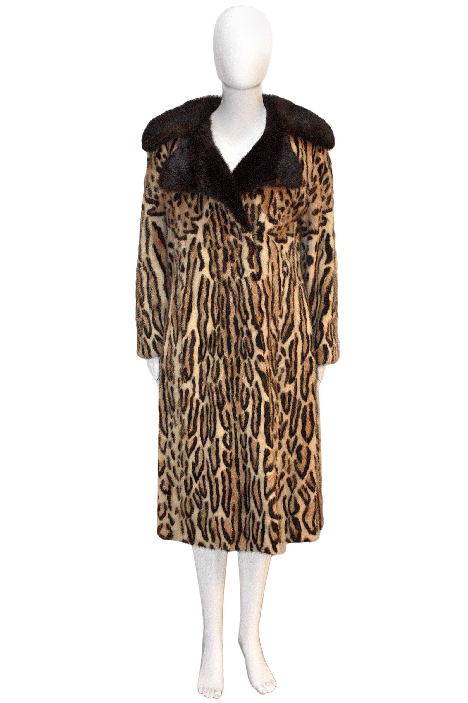 Black 1970s STENCILED Leopard pattern Mink Coat with dark Mink Collar