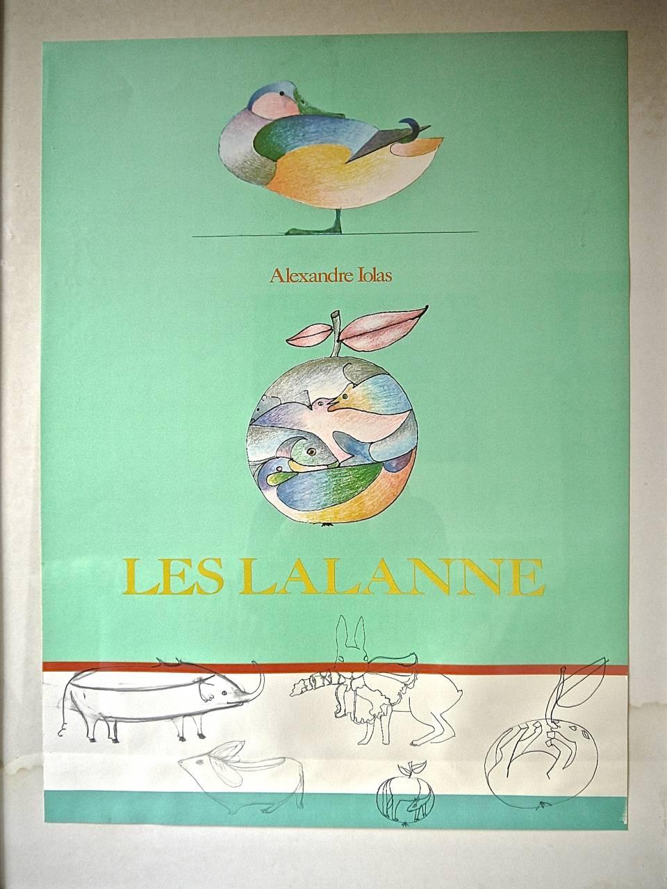 Colourful poster by the artists Claude and Francois-Xavier Lalanne known as Les Lalanne, circa 1970s. A bright coloured duck and birds and fish incased in an apple on a green ground with different animalier drawings underneath.
Watermark on the
