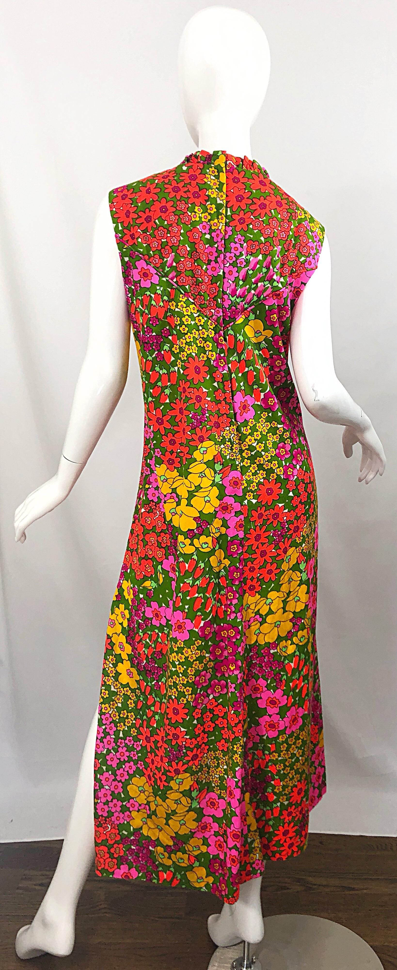 Brown 1970s Liberty House Plus Size XL Colorful Neon Flower Print 70s Maxi Dress For Sale