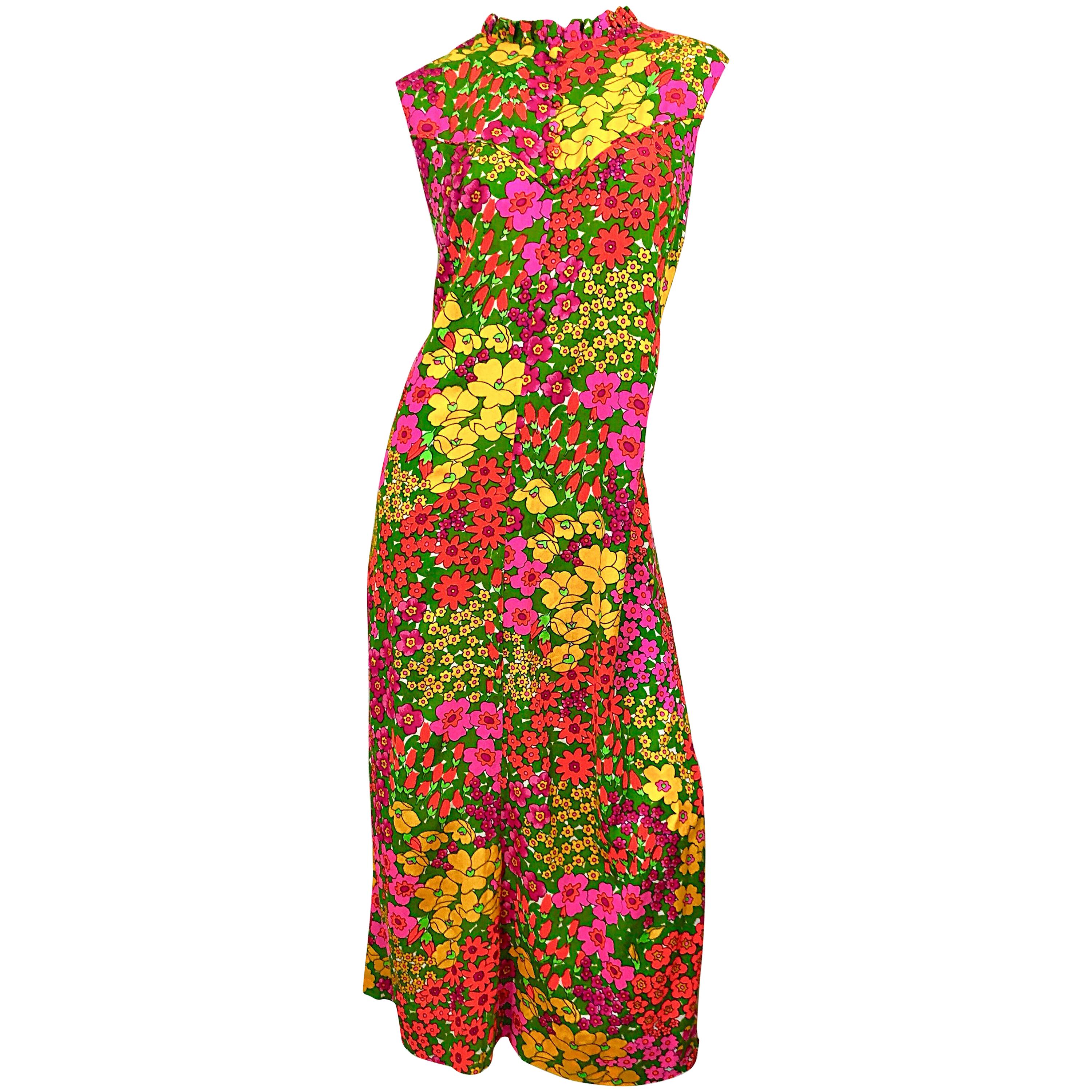 1970er Liberty House Plus Größe XL Buntes Neon-Maxikleid mit Blumendruck 70er Jahre