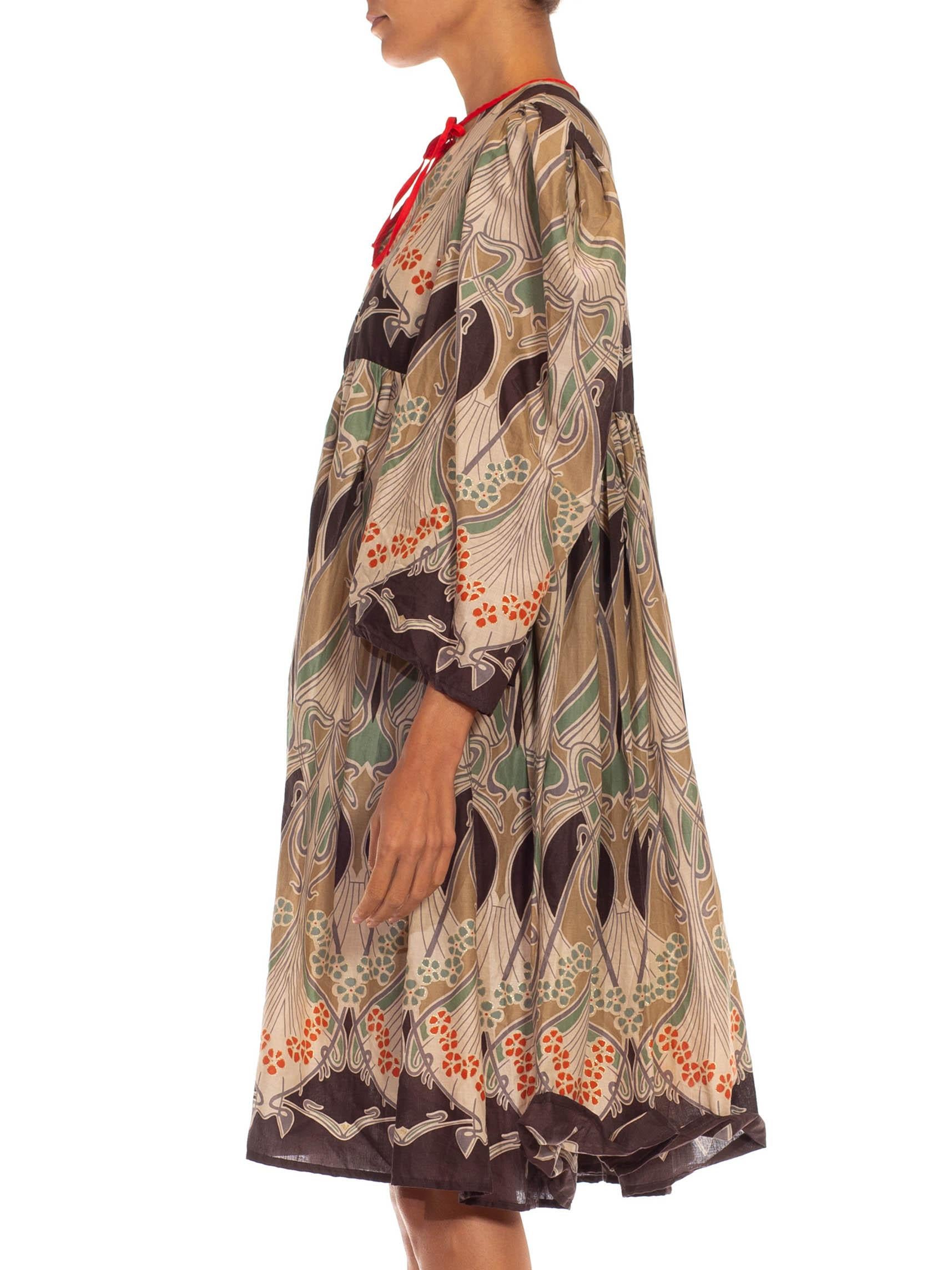 1970S LIBERTY OF LONDON Brown & Neutral Tones Cotton Art Nouveau Metallic Printed Dress