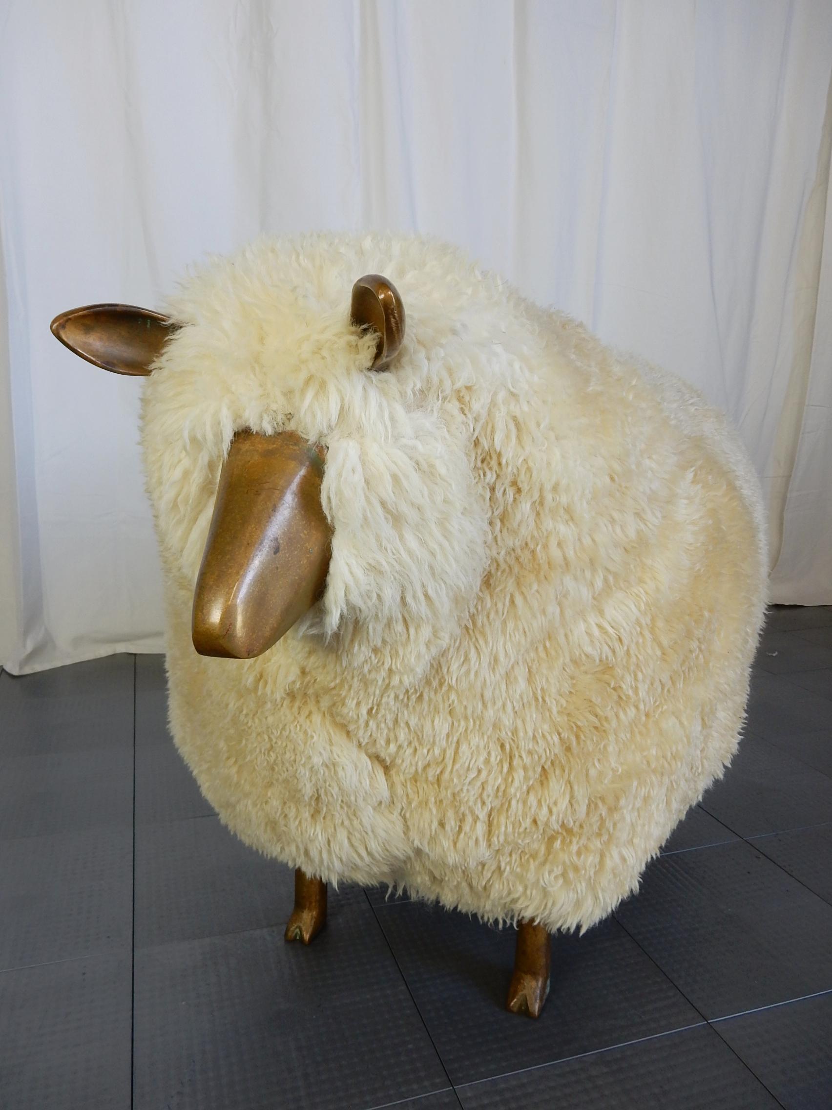 1970s Life-Size Brass and Sheepskin Sheep Sculpture Ottoman In Good Condition In Las Vegas, NV
