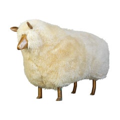 1970s Life-Size Brass and Sheepskin Sheep Sculpture Ottoman