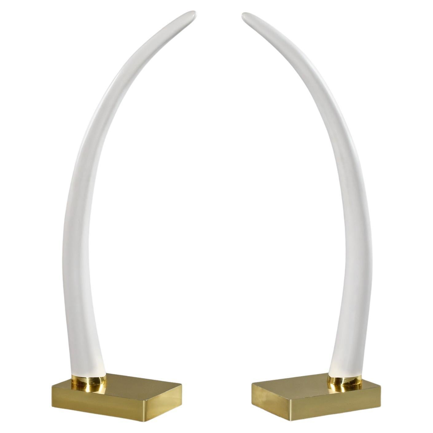 1970's Life Size Faux Ivory Elephant Tusks Mounted on Gold Colored Metal Bases