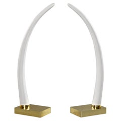 1970's Life Size Faux Ivory Elephant Tusks Mounted on Gold Colored Metal Bases