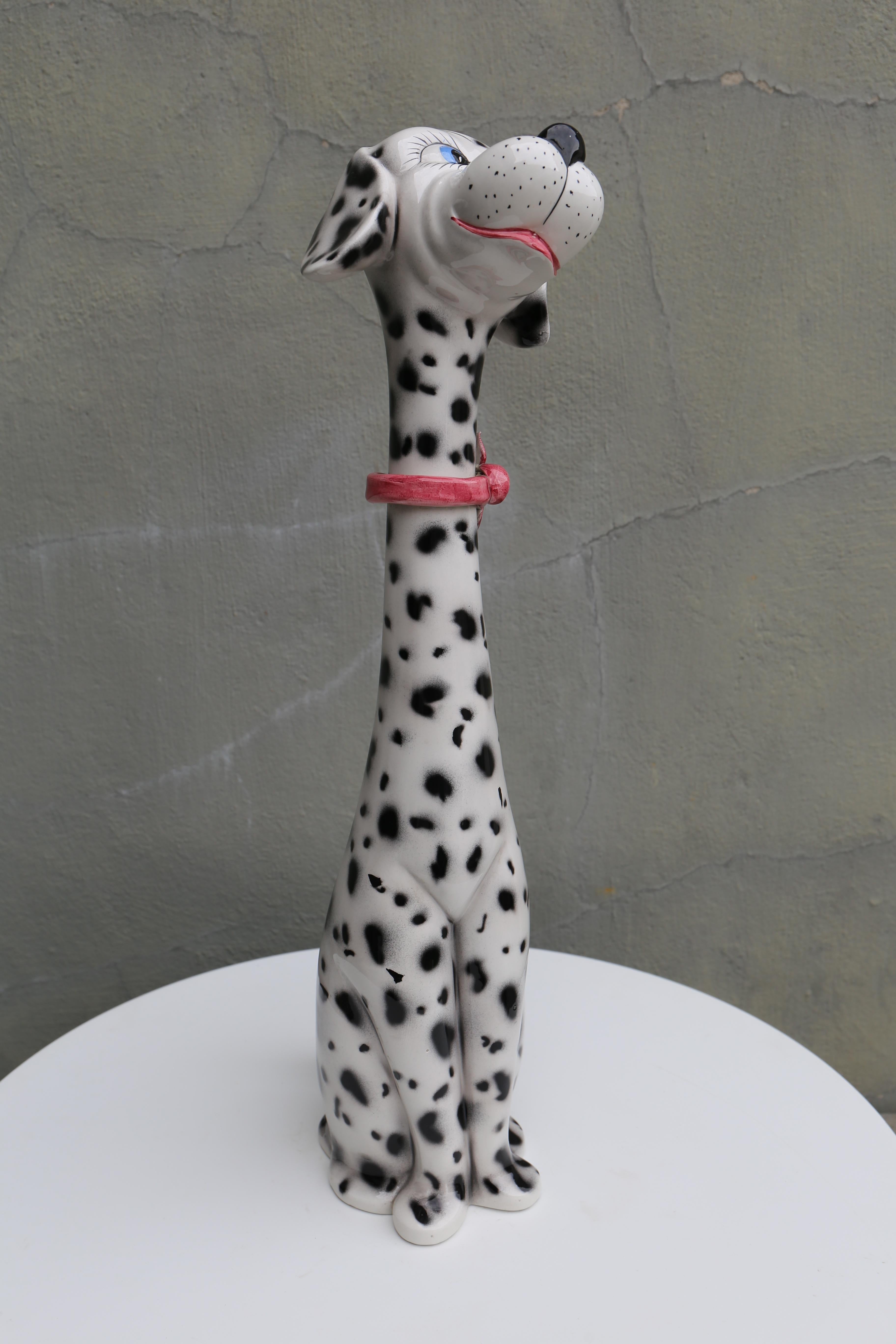 20th Century 1970s Life Size Italian Terracotta Dalmatian Dog Figurine with Majolica Glaze For Sale