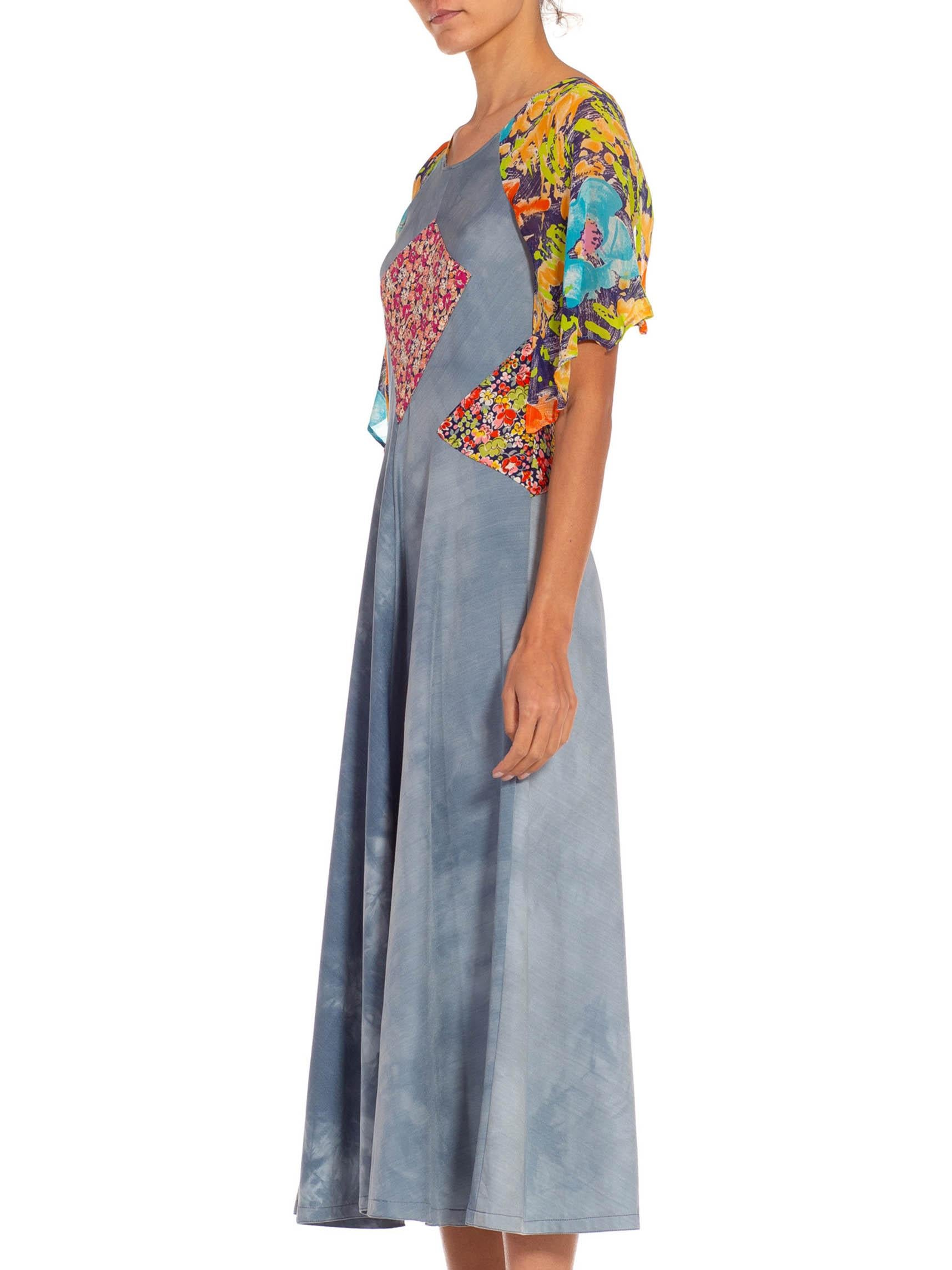 Gray 1970S Light Blue & Green Polyester Floral Mix Matched Dress For Sale