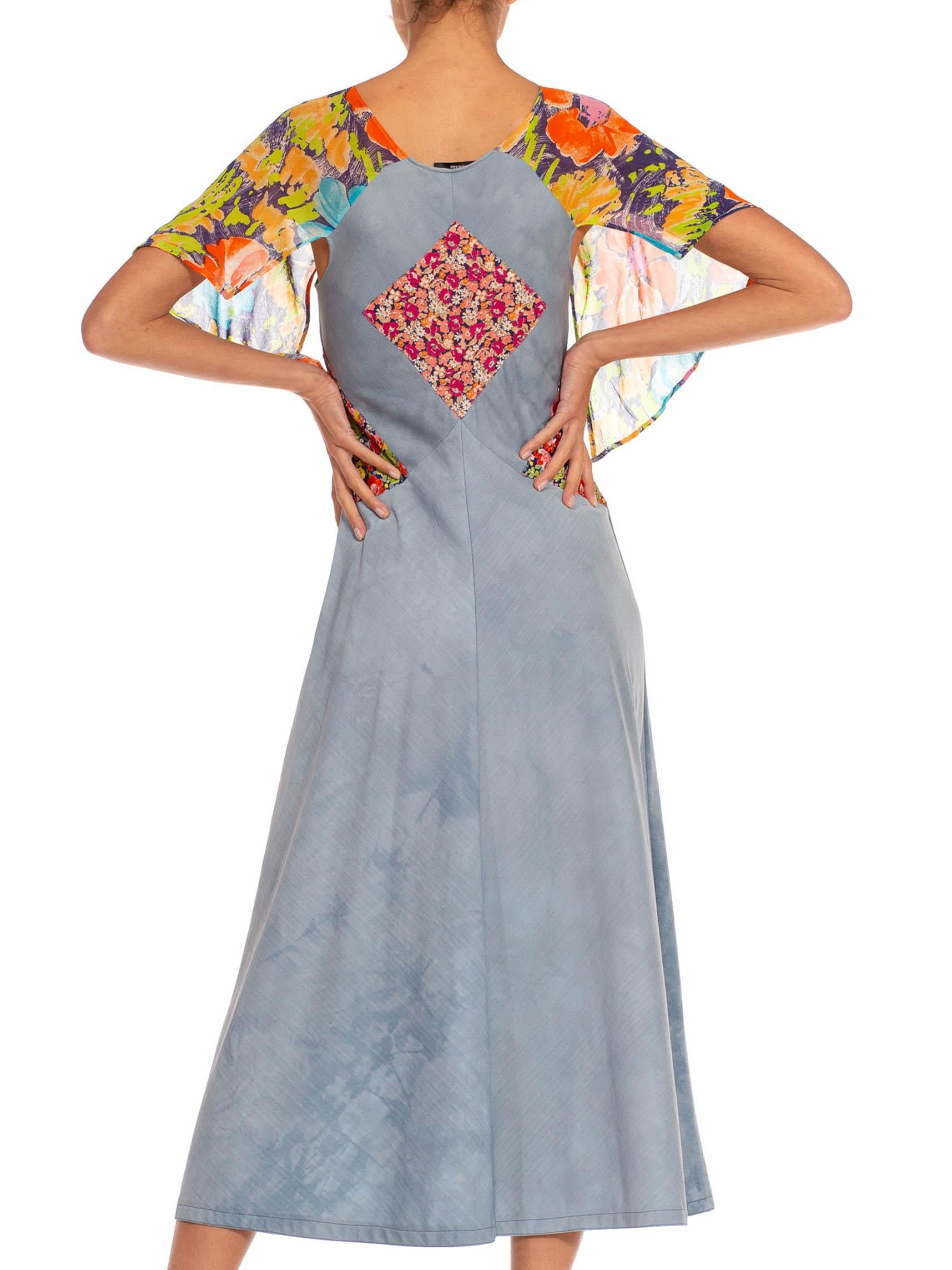 1970S Light Blue & Green Polyester Floral Mix Matched Dress For Sale 2