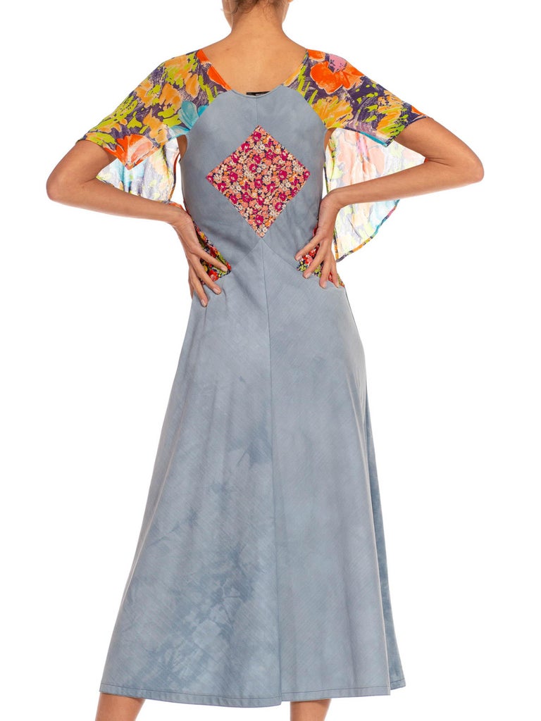 1970S Light Blue & Green Polyester Floral Mix Matched Dress 1970S Light Blue & Green Polyester Floral Mix Matched Dress
