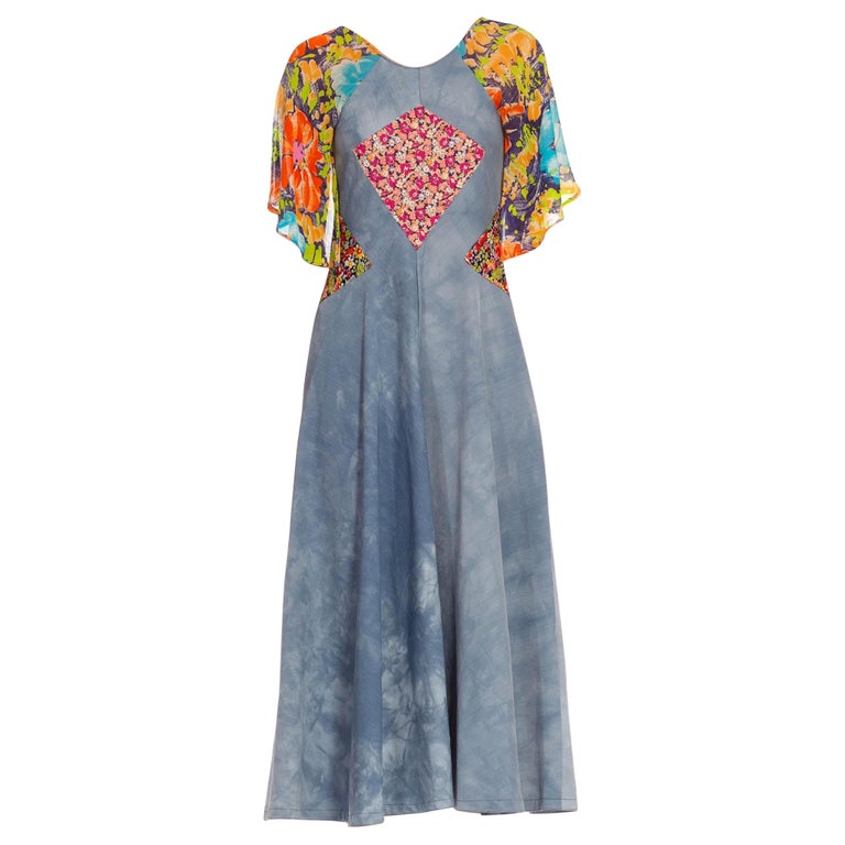 1970S Light Blue & Green Polyester Floral Mix Matched Dress