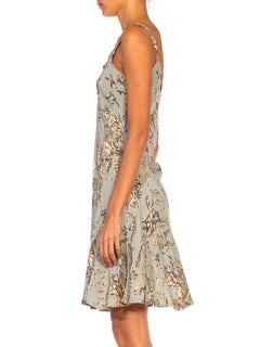 1970S Light Blue & Grey Bias Cut Rayon Crepe Baroque Floral Slip Dress