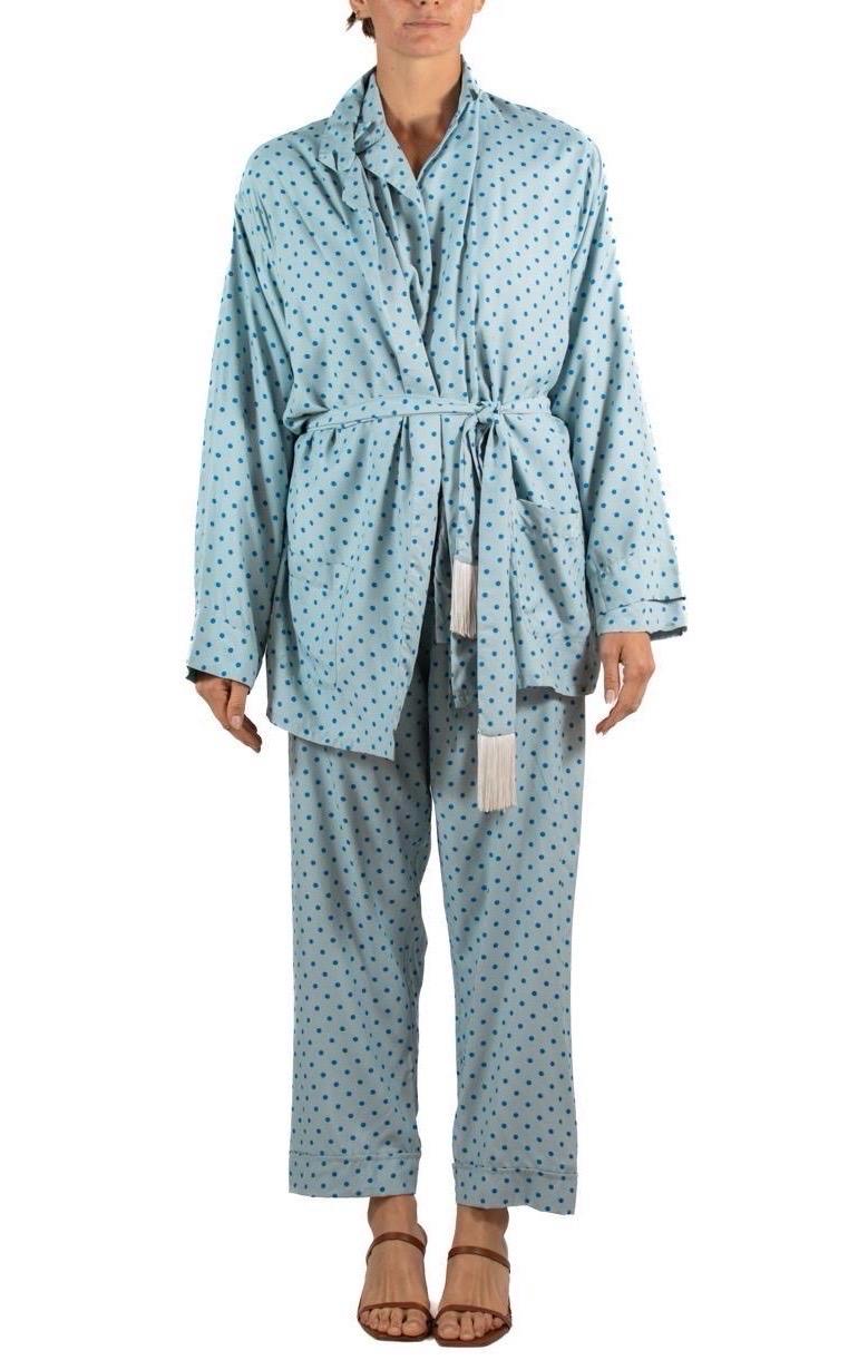 Three Piece Women's Pajama Set, Pants, Top, Short Robe 1970S Light Blue & Navy Rayon Polka Dot  Pajamas 